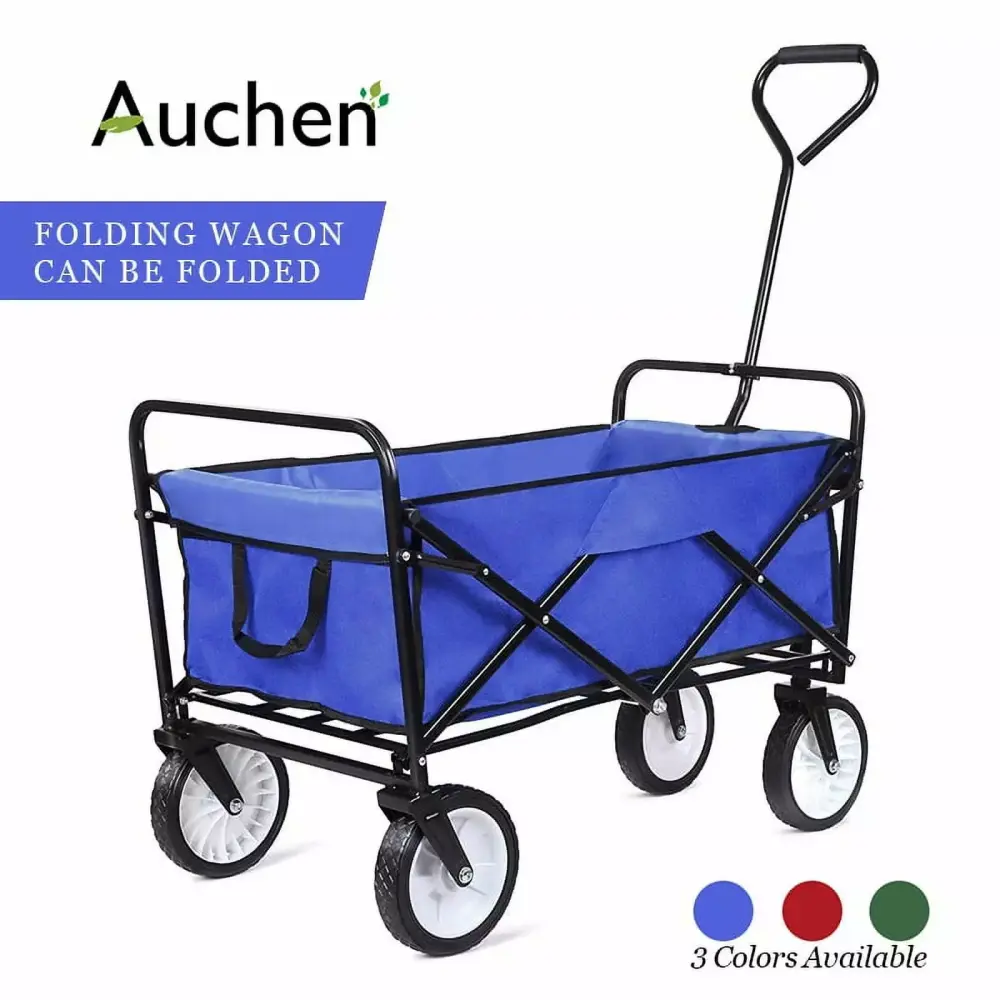 AUCHEN Utility Wagon Folding Outdoor Collapsible Wagon Carts Heavy Duty Garden Travel-friendly Hand Cart Drink Holder and ...