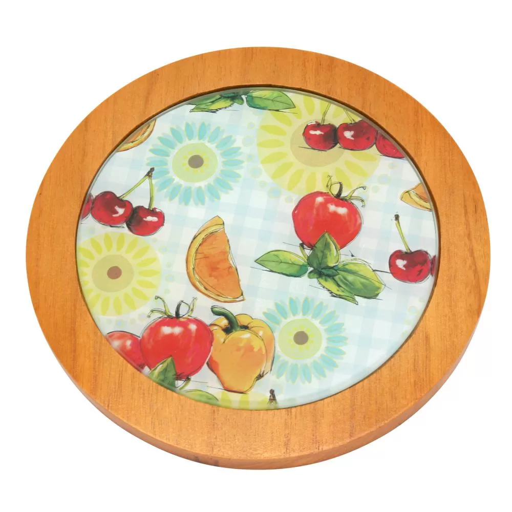 Creative Home 7.5 . Round Tempered Glass Trivet Serving Board, Fruit Pattern Solid Wood Trim