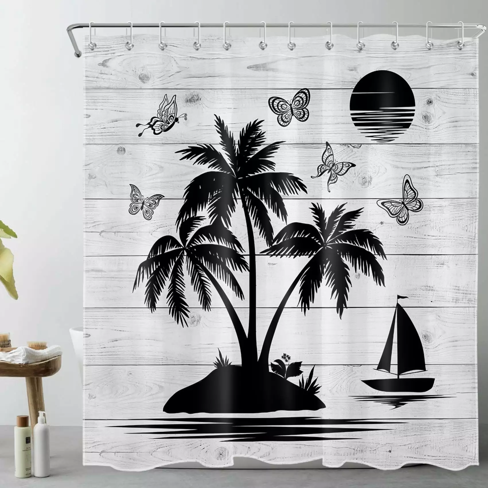HVEST Tropical Palm Tree Shower Curtain 72x78 Inch Vintage Butterfly and Moon Rustic Grey Wood Bathroom Decor