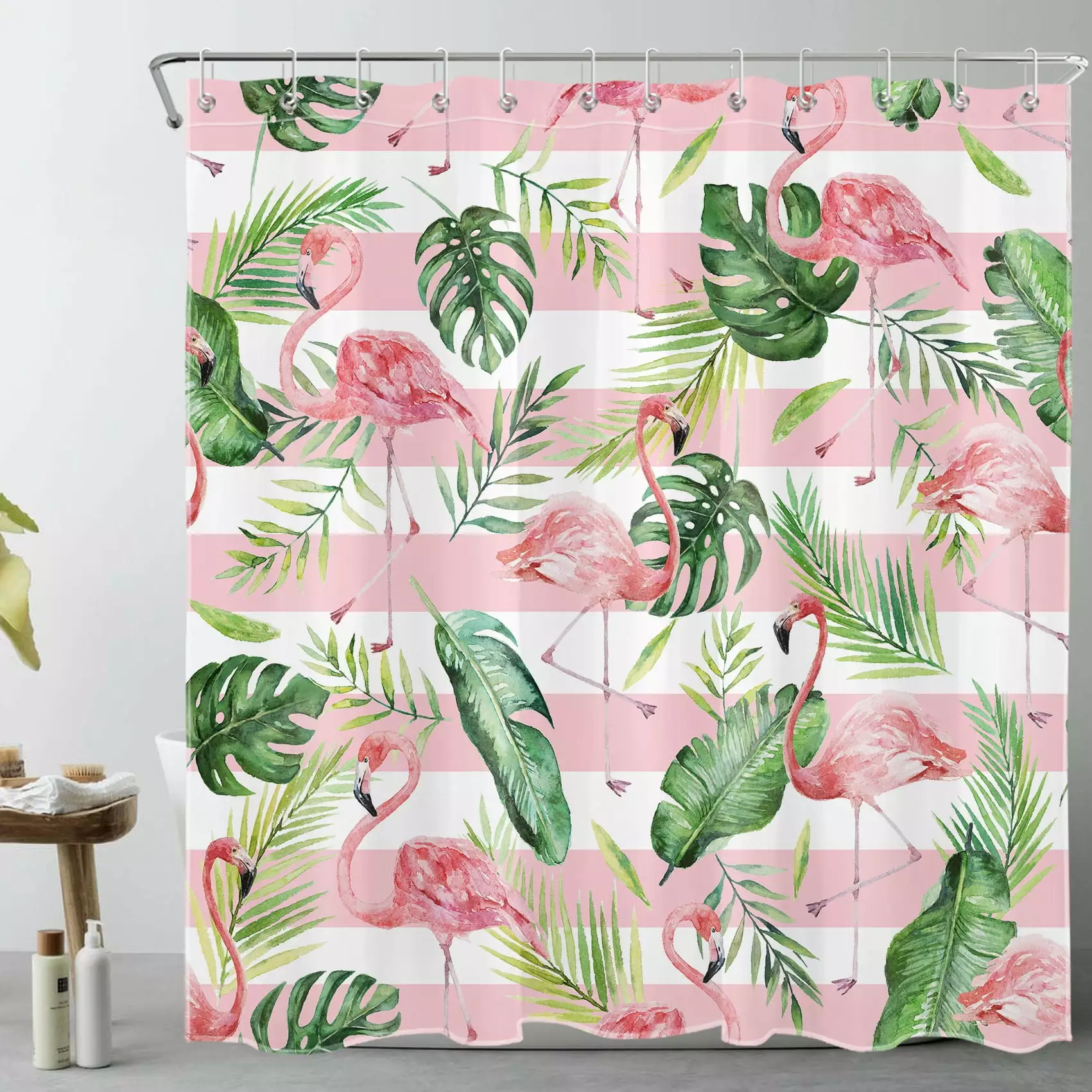 Watercolor Tropical Shower Curtain Funny Flamingo Green Leaf Plant on Pink and White Striped Fabric Bathroom Set Hooks Rus...