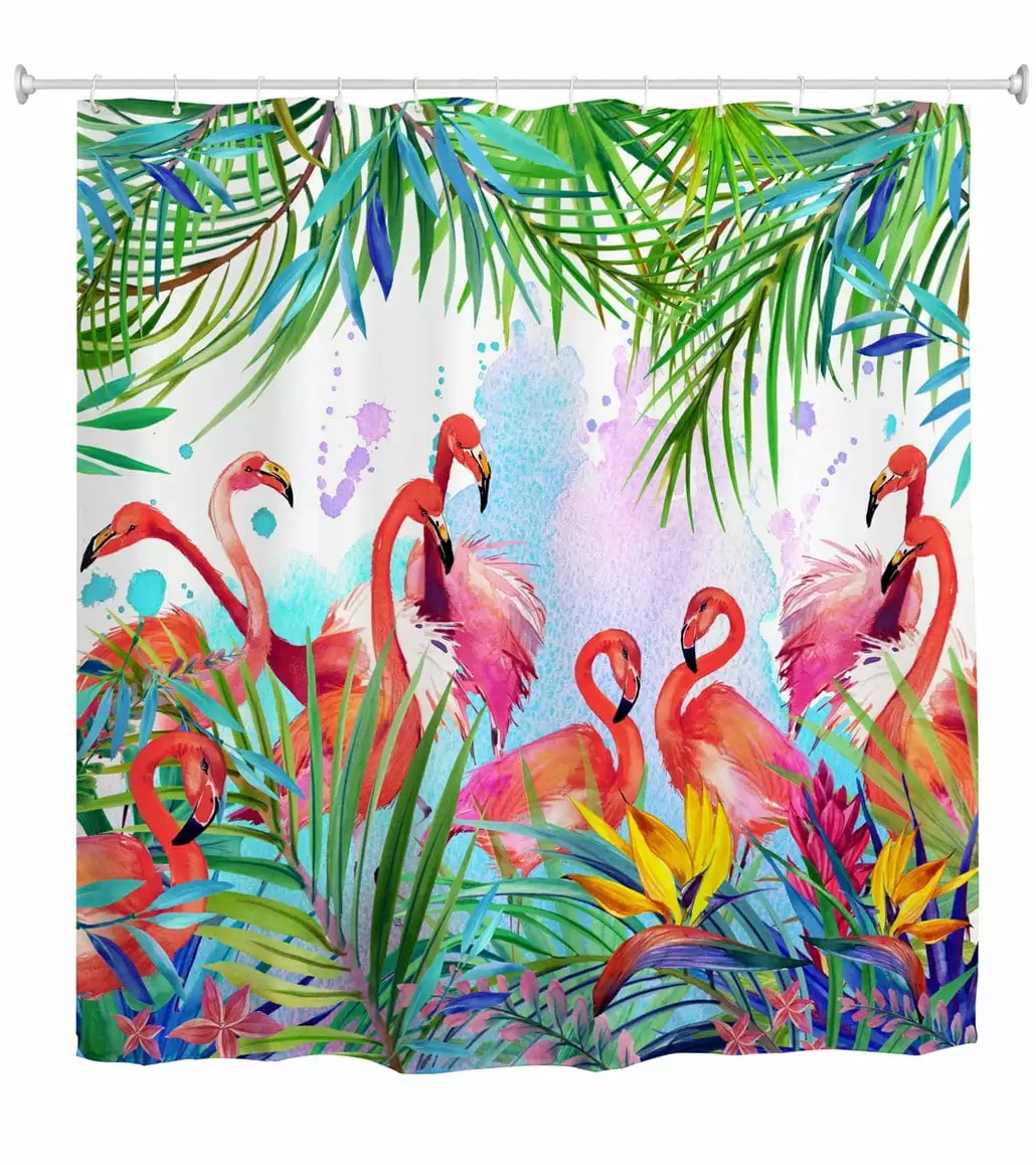 Goodbath Flamingo Leaves Waterproof Fabric Shower Curtain Bathroom 72x72 Inches