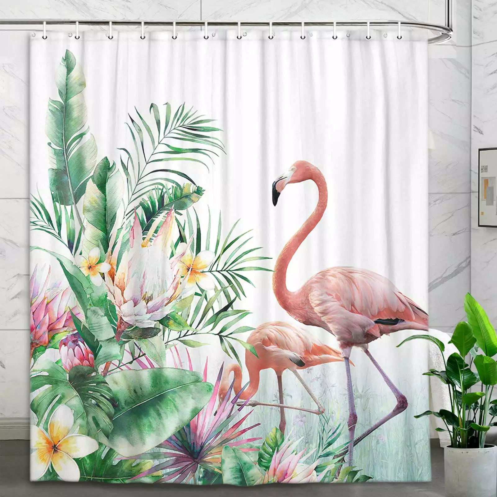 Flamingo Shower Curtain Green Plants Tropical Bathroom Bathtub Decor Hooks 72 X 72 Inch Uokiuki