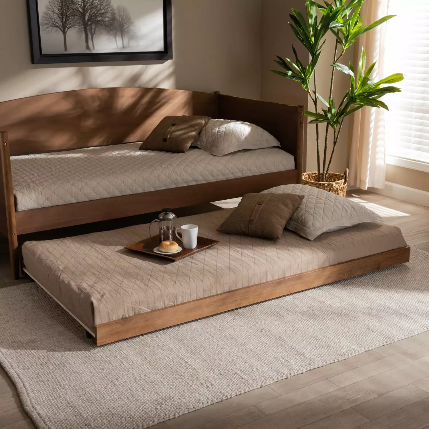 Baxton Studio Veles Modern Ash Walnut Finished Twin Size Trundle Bed