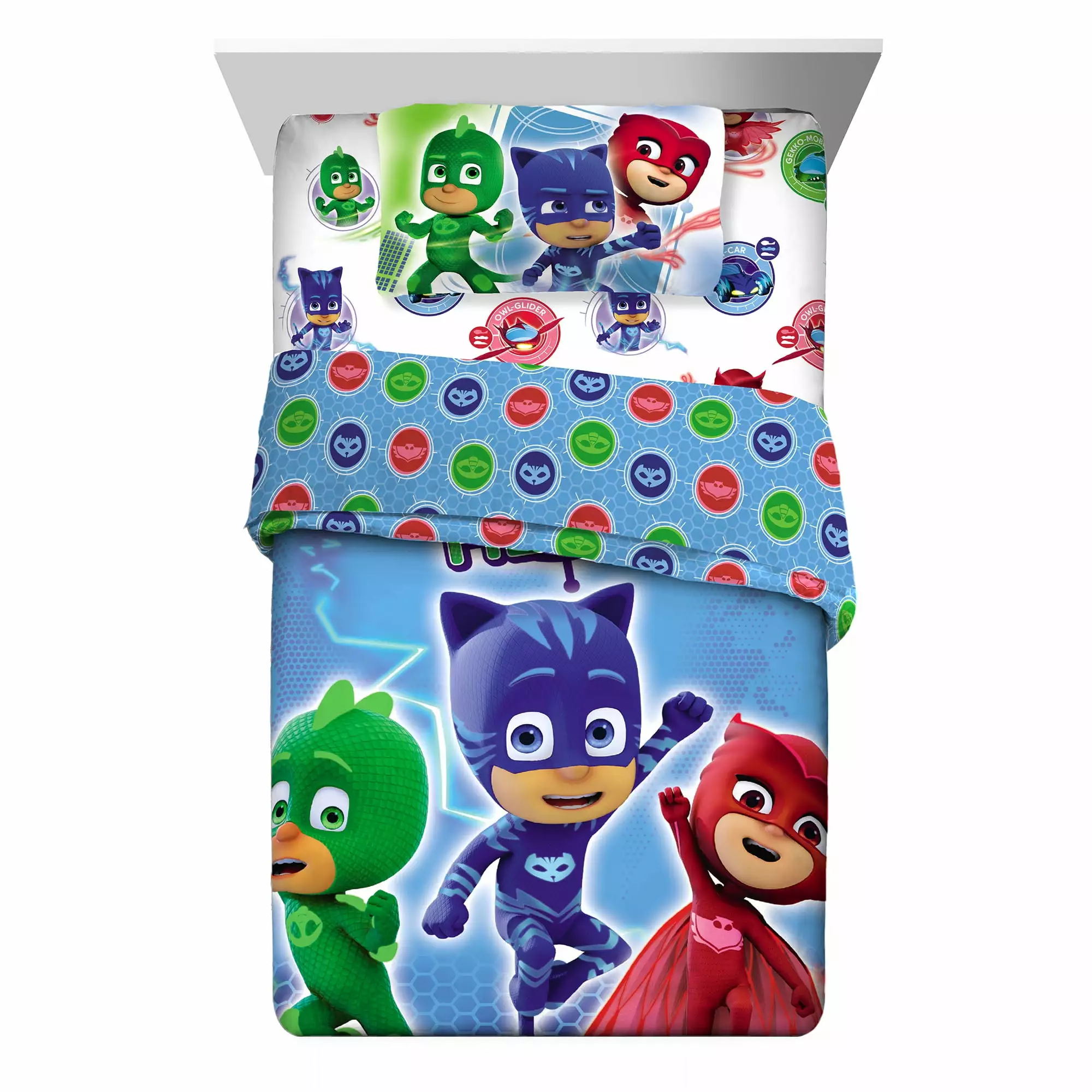 PJ Minquires Kids Twin Bed Bag - Easeer and Sheets - Blue - Hasbro Design PJ Masks