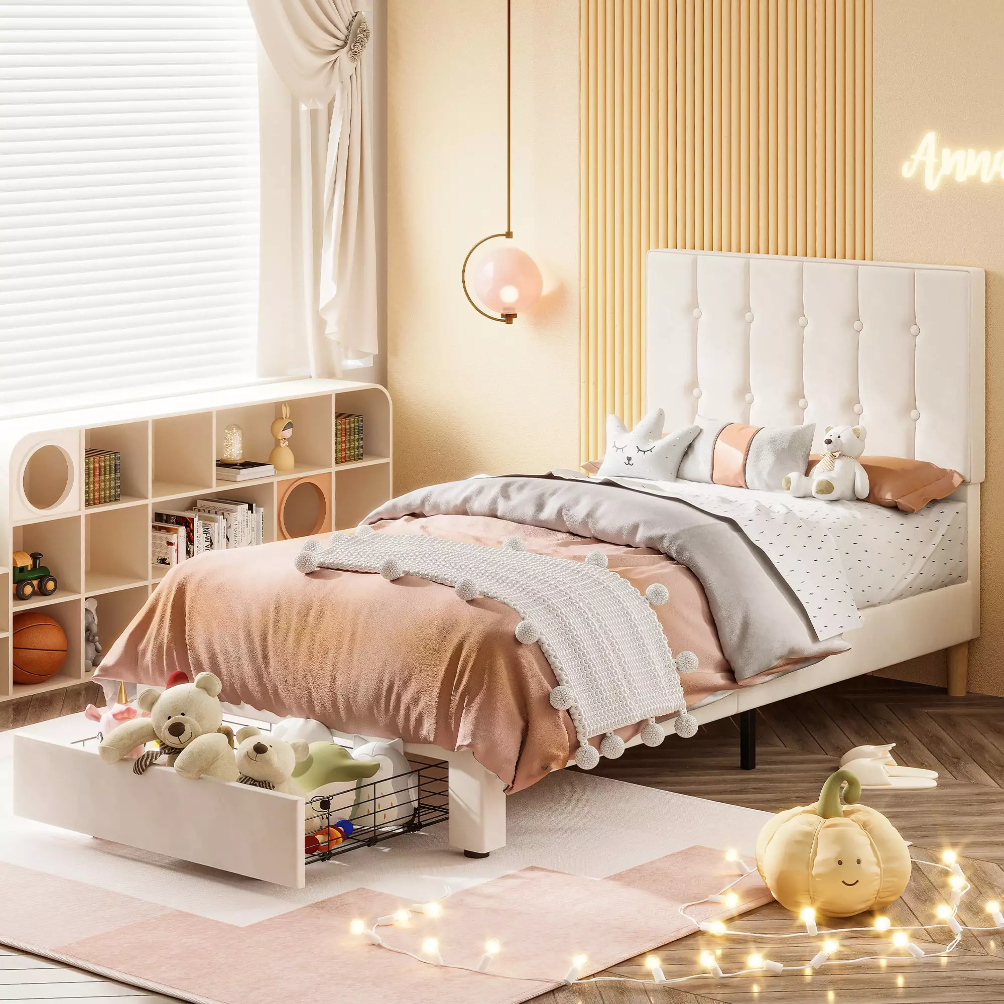 LIKIMIO Twin Bed Frame Kids Storage Drawer Velvet Upholstered Headboard No Box Spring Needed