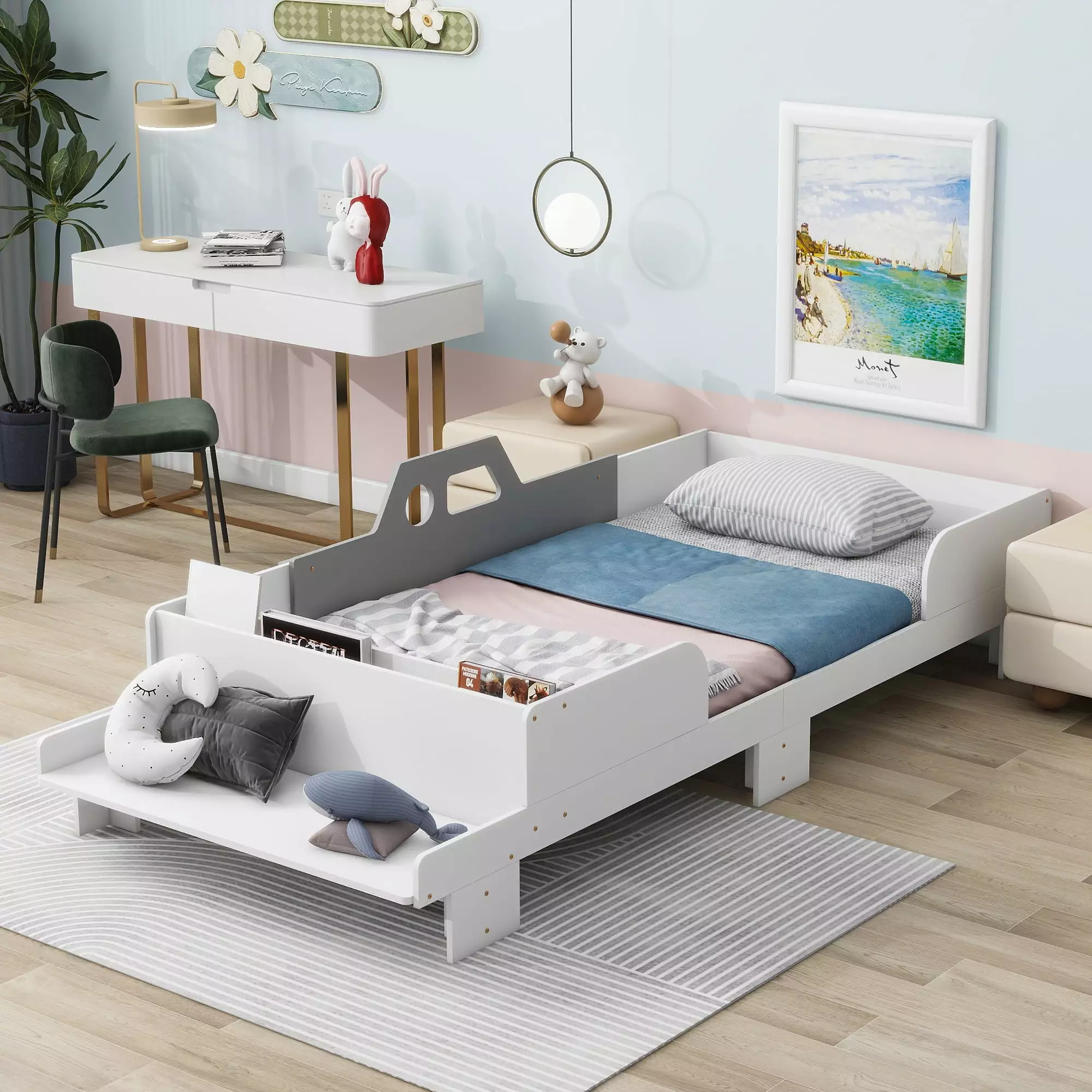 Miniyam Twin Size Bed Bench Kids Car-Shaped Design White