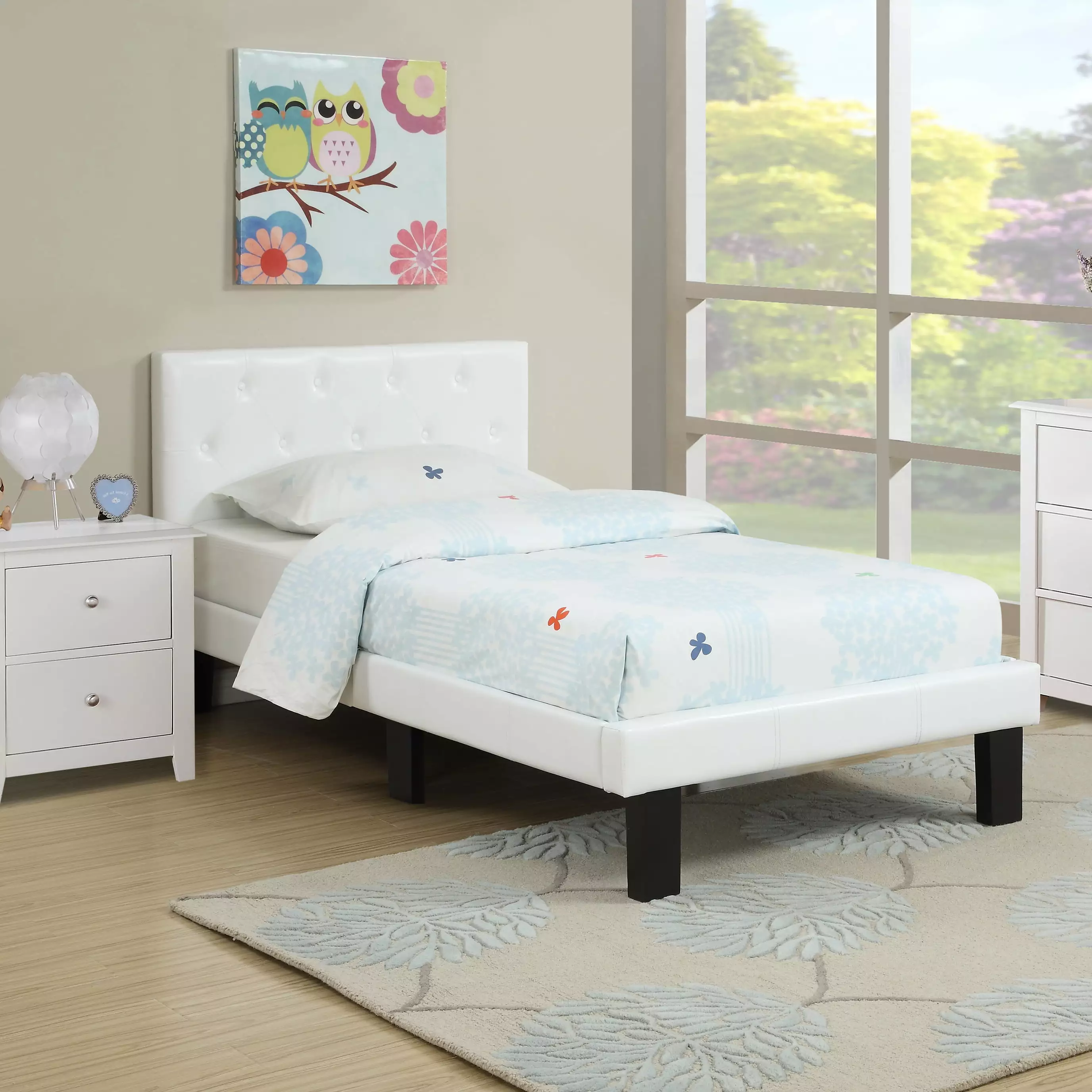 Faux Leather Upholstered Twin Size Bed Tufted Headboard White Modern Bedroom Poundex