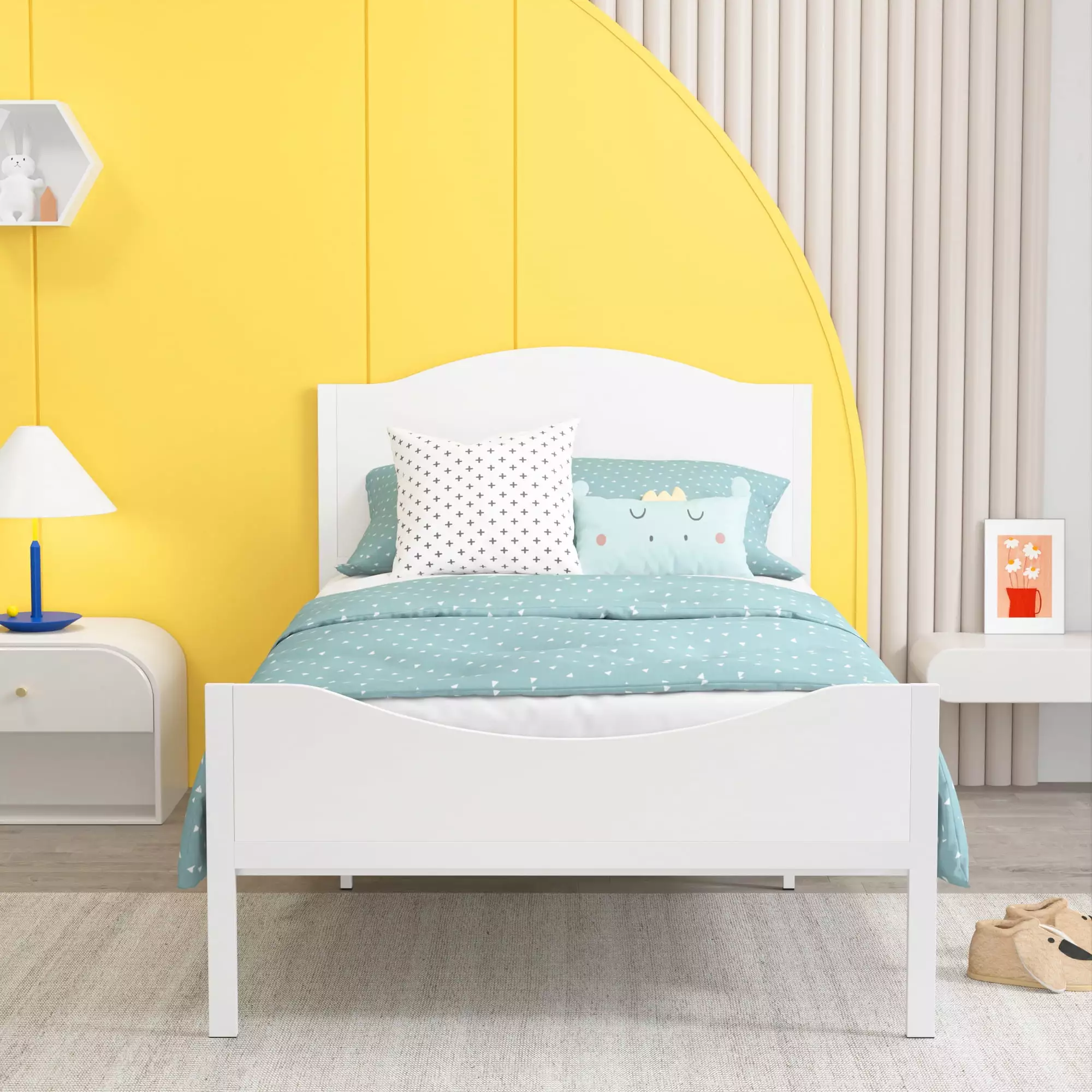 Timy Metal Kids Twin Platform Bed Frame Wood Headboard & Footboard Boys Girls Adults Teens