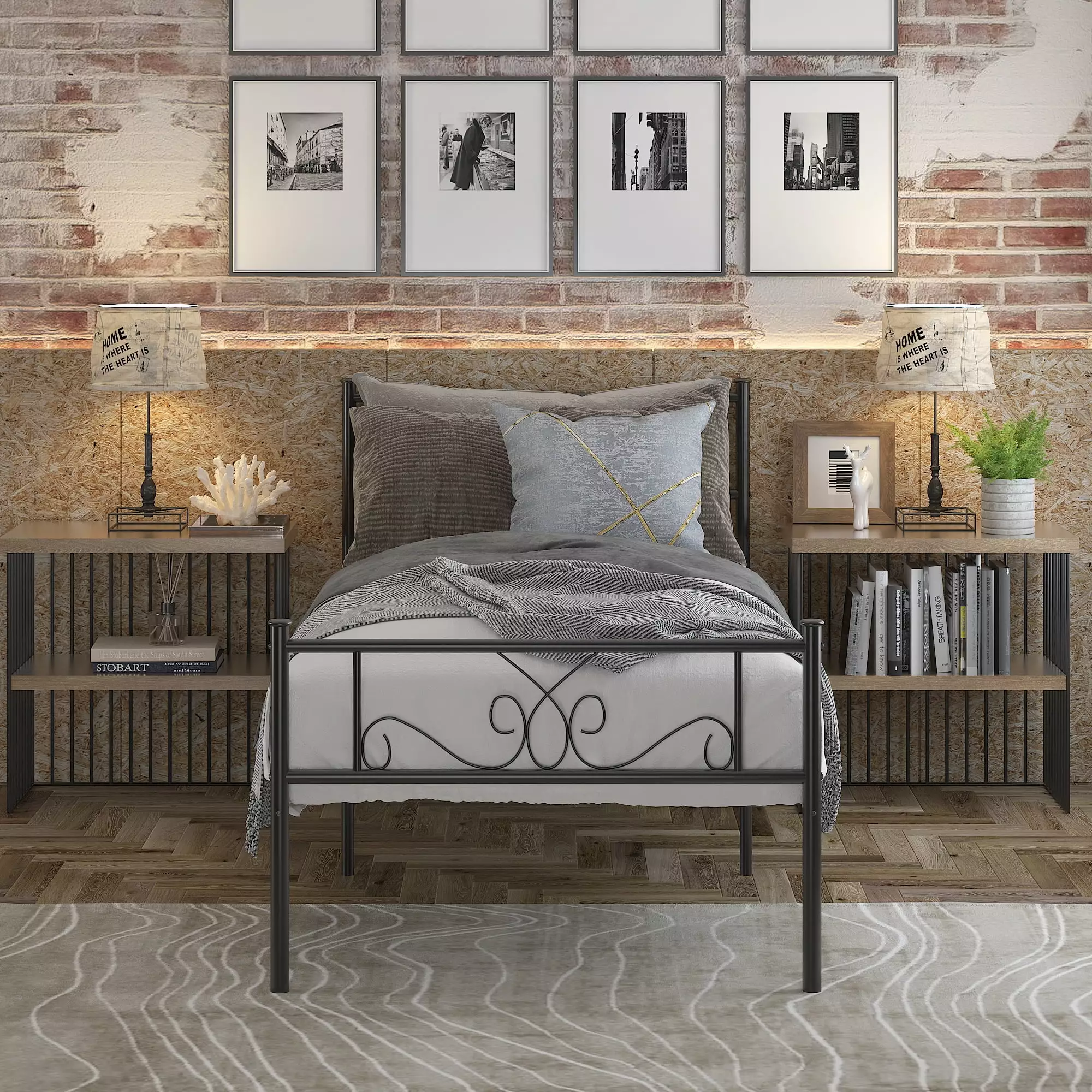 Yoneston Twin Metal Platform Bed Frame Headboard Kids Teens Black