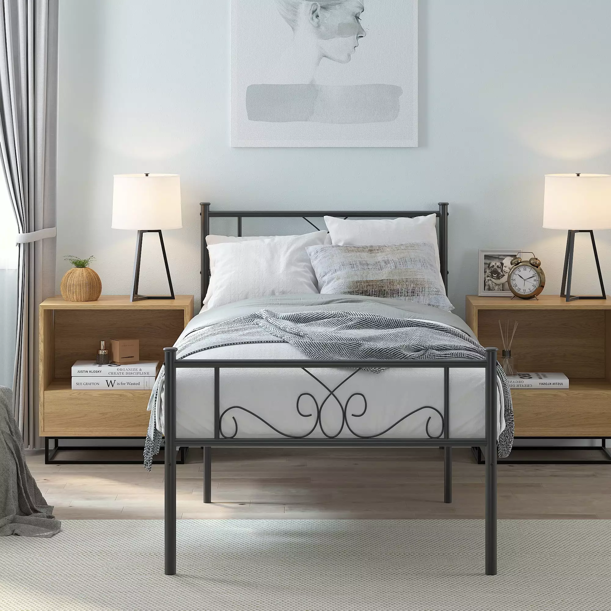 WeeHom Twin Size Metal Bed Frame Headboard Kids Boys Girls Black