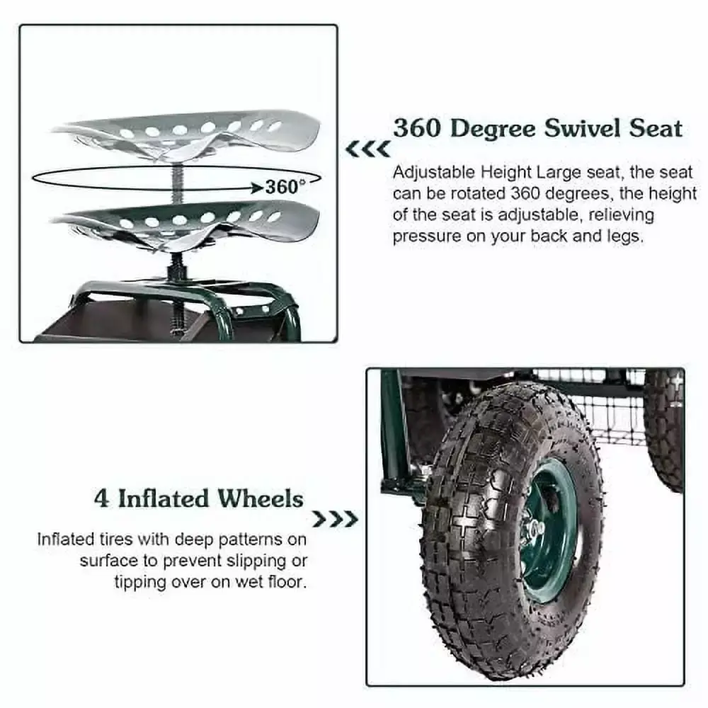 Kinbor Garden Cart Rolling Work Seat Tool Tray and Adjustable Handle Outdoor Planting