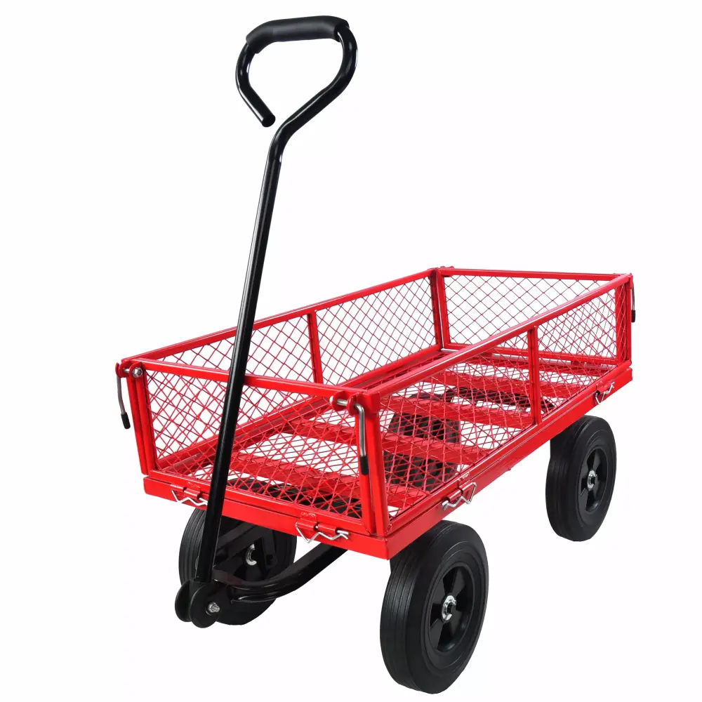 LKIJYG Steel Garden Cart Heavy Duty Removable Sides 10 Solid Wheels Red