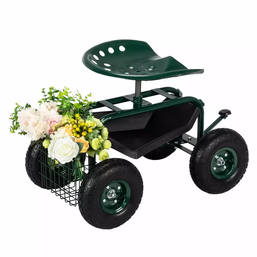 Garden Cart Rolling Scooter Extendable Steer Handle and Swivel Seat