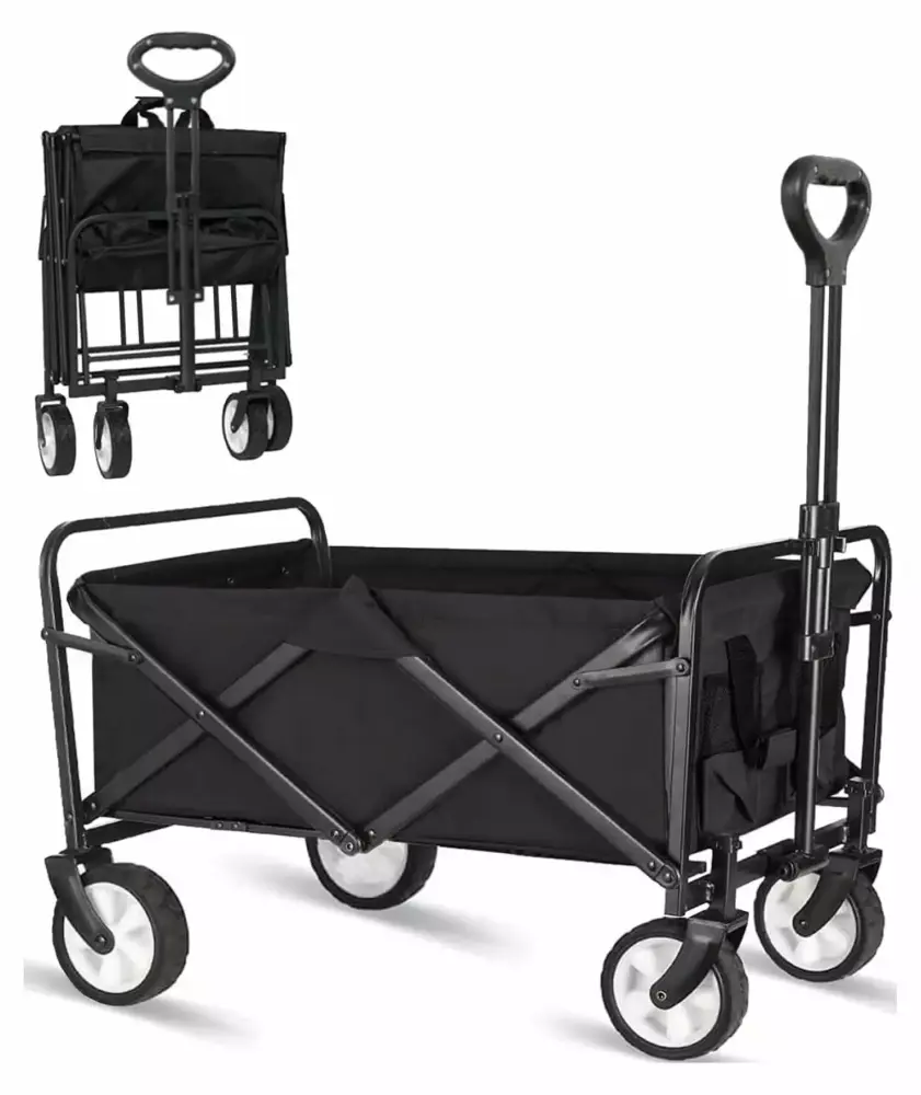 Collapsible Folding Outdoor Utility Wagon Beach Cart All Wheels Drink Holders Camping Shopping Garden Beach Black 1 Year W...