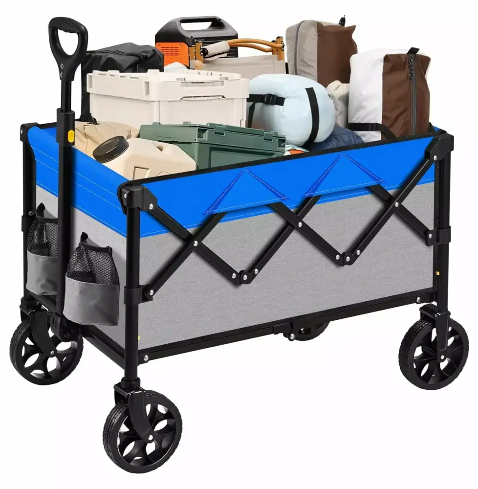 Collapsible Folding Wagon Large Utility Cart Foldable All Wheels Heavy Duty Garden Beach Shopping Cart Gray Blue