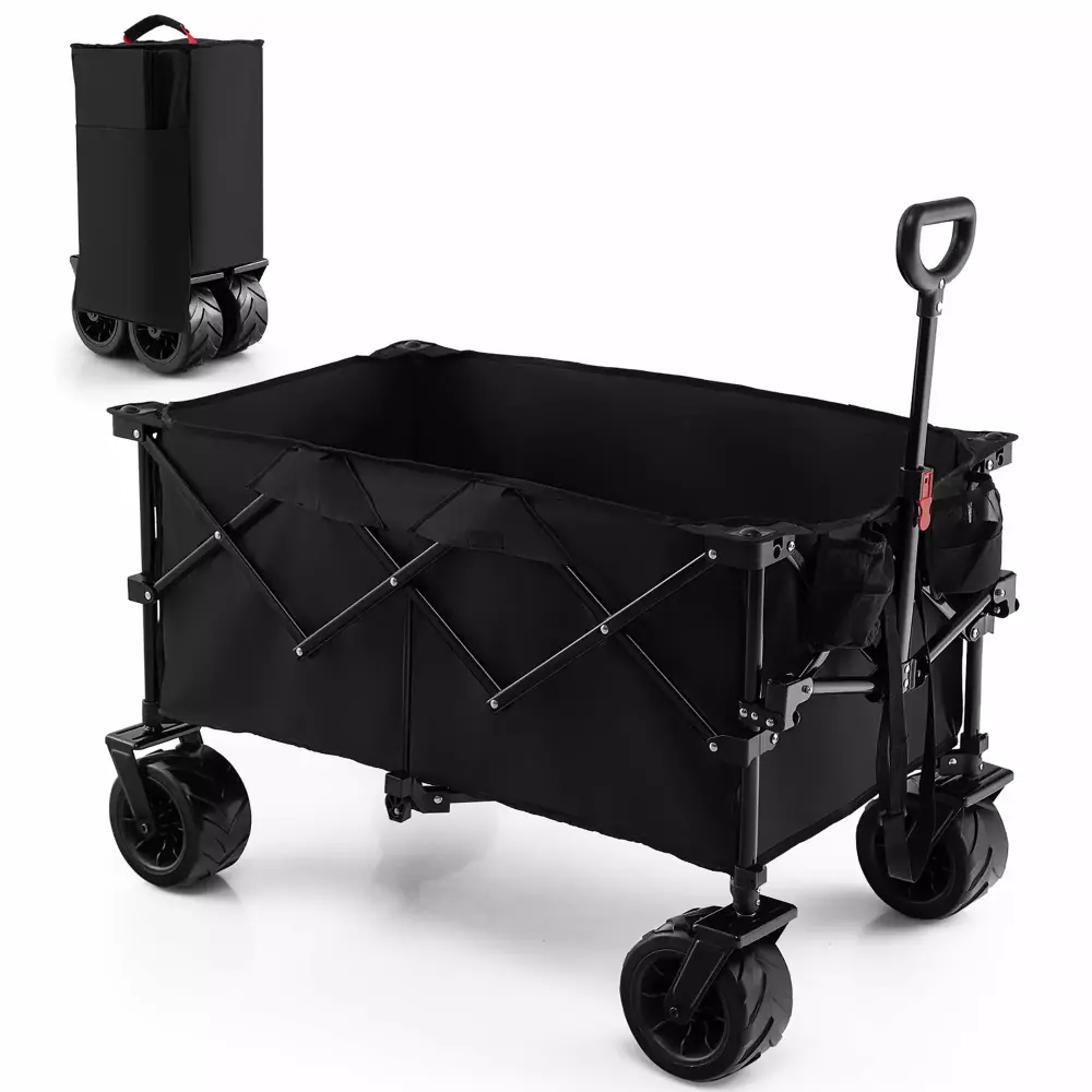 Costway Folding Collapsible Wagon Utility Garden Cart Wide Wheels Adjustable Handle Black
