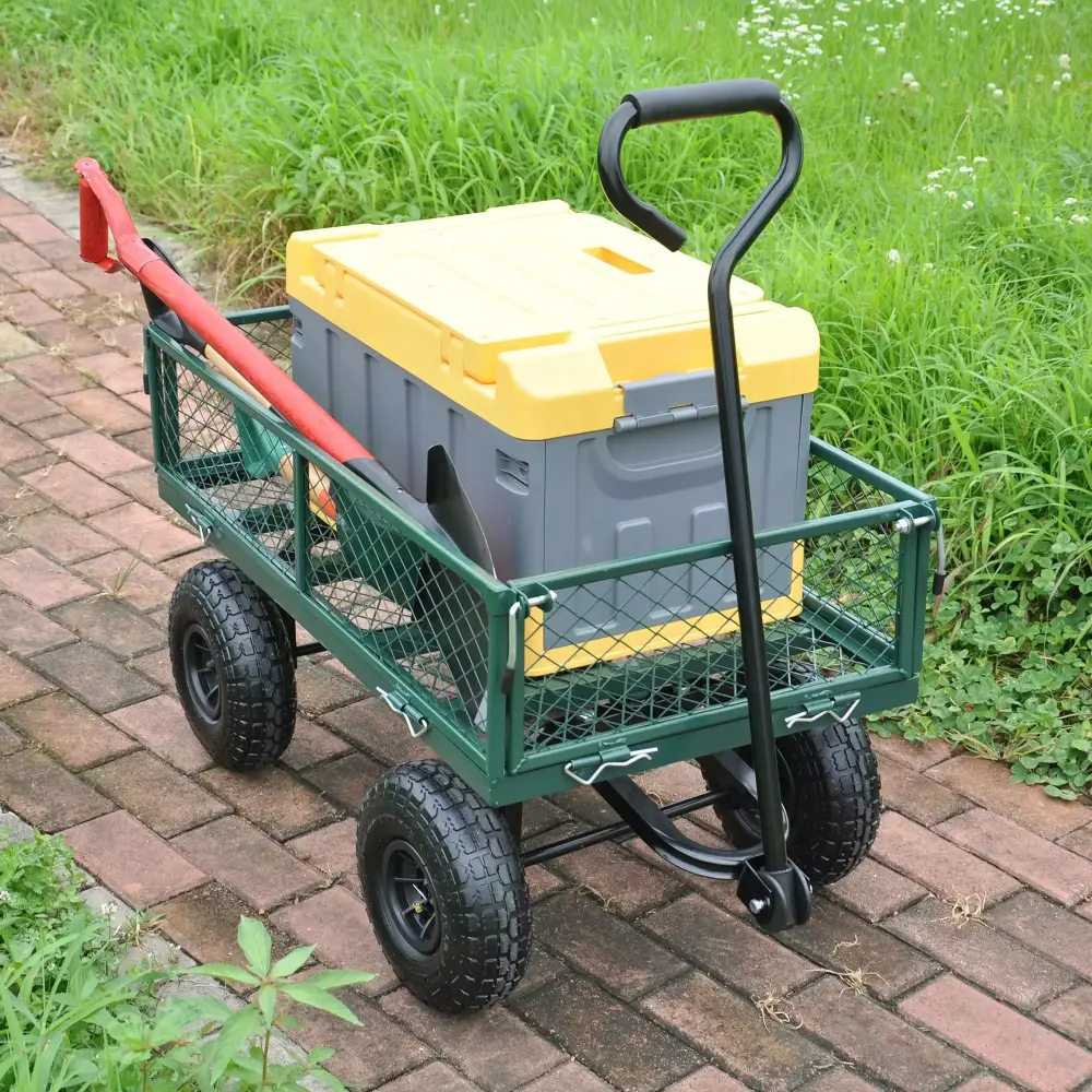 Green Mesh Steel Garden Cart Folding Utility Wagon Removable Sides and Tires