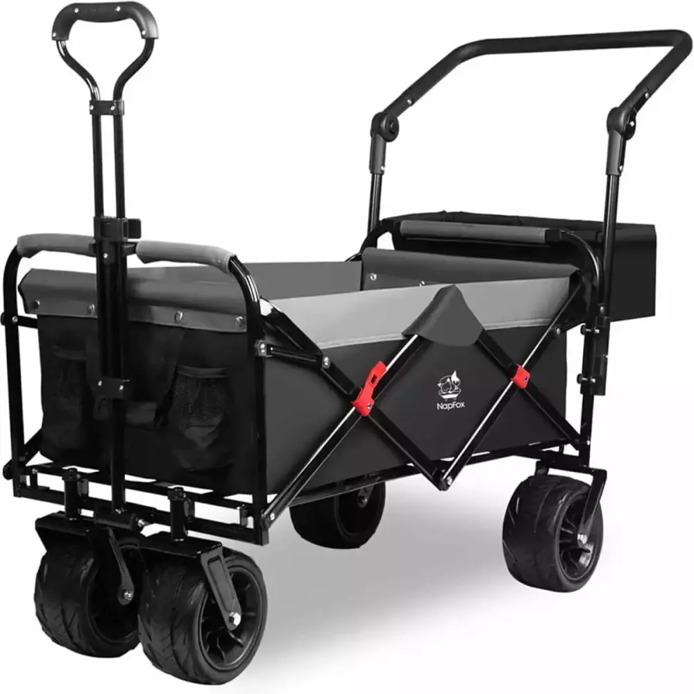 IVV Collapsible Folding Wagon Cart Utility Wagon Rear Bag and Adjustable Push Pull Handle 220lbs Capacity Black Gray