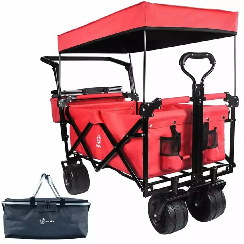 IVV Collapsible Wagon Removable Canopy and Cooler Bag 4 Wide All Terrain Wheels Brake Heavy Duty Folding Wagon Adjustable ...