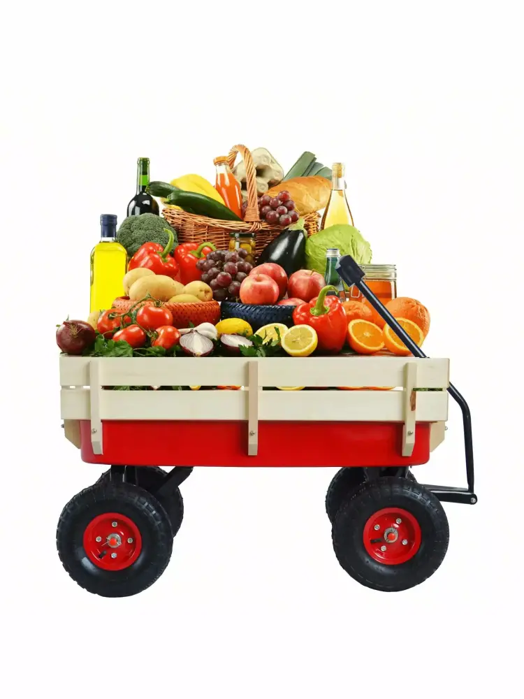 Outdoor Sport Wagon Tools Cart Wooden Side Panels and Air Tires Red