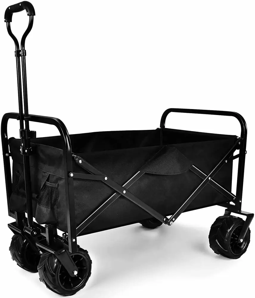 YSSOA Heavy Duty Folding Travel-friendly Cart Wagon 7in Widened All-Terrain Wheels Adjustable Handles Black
