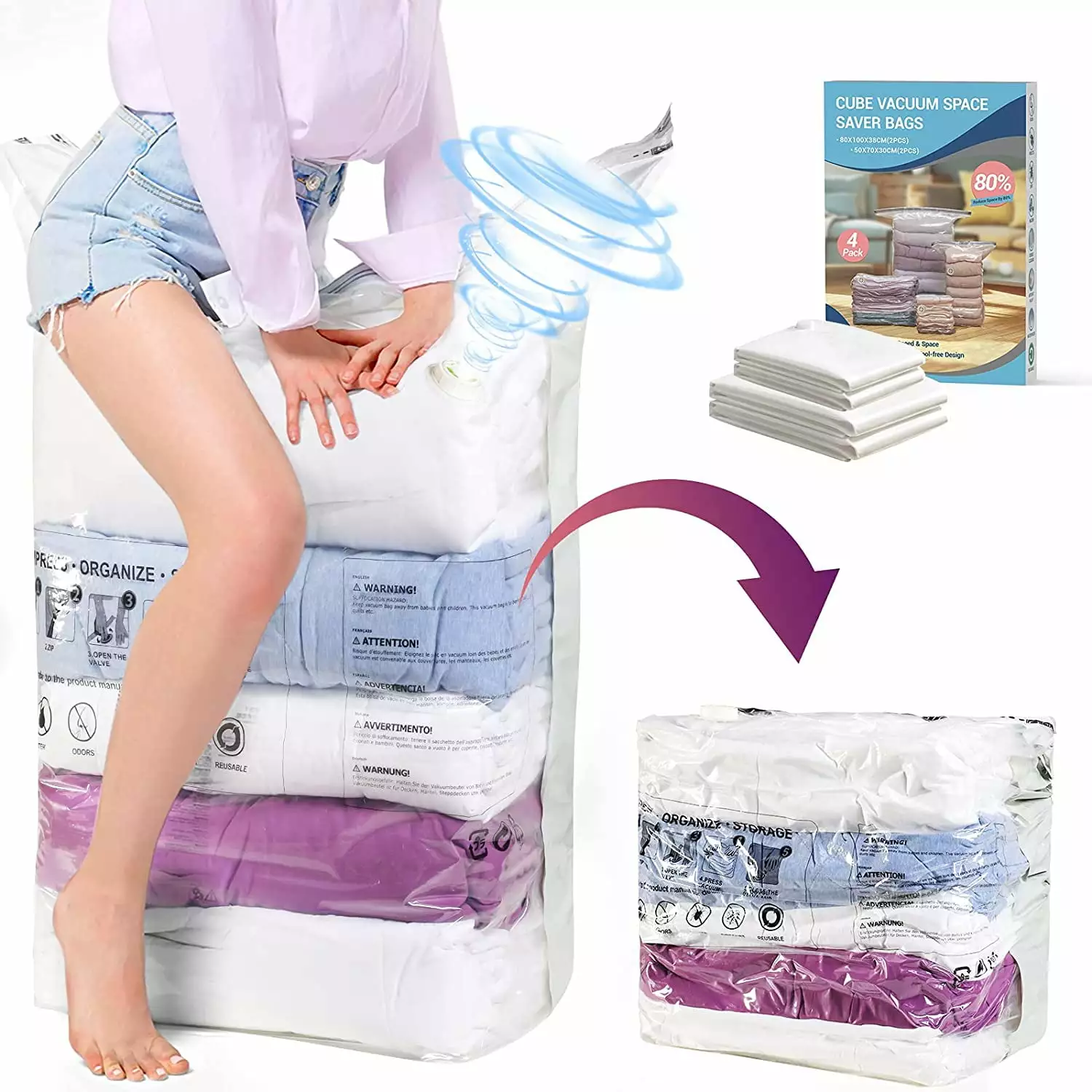 Elegear 4 Pack Cube Vacuum Storage Bags Jumbo and Medium Clothes Pillows Blankets