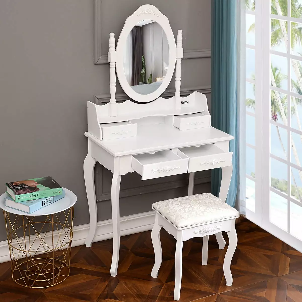 BaytoCare White Dressing Table Vanity Set Wood Makeup Desk Mirror FCH