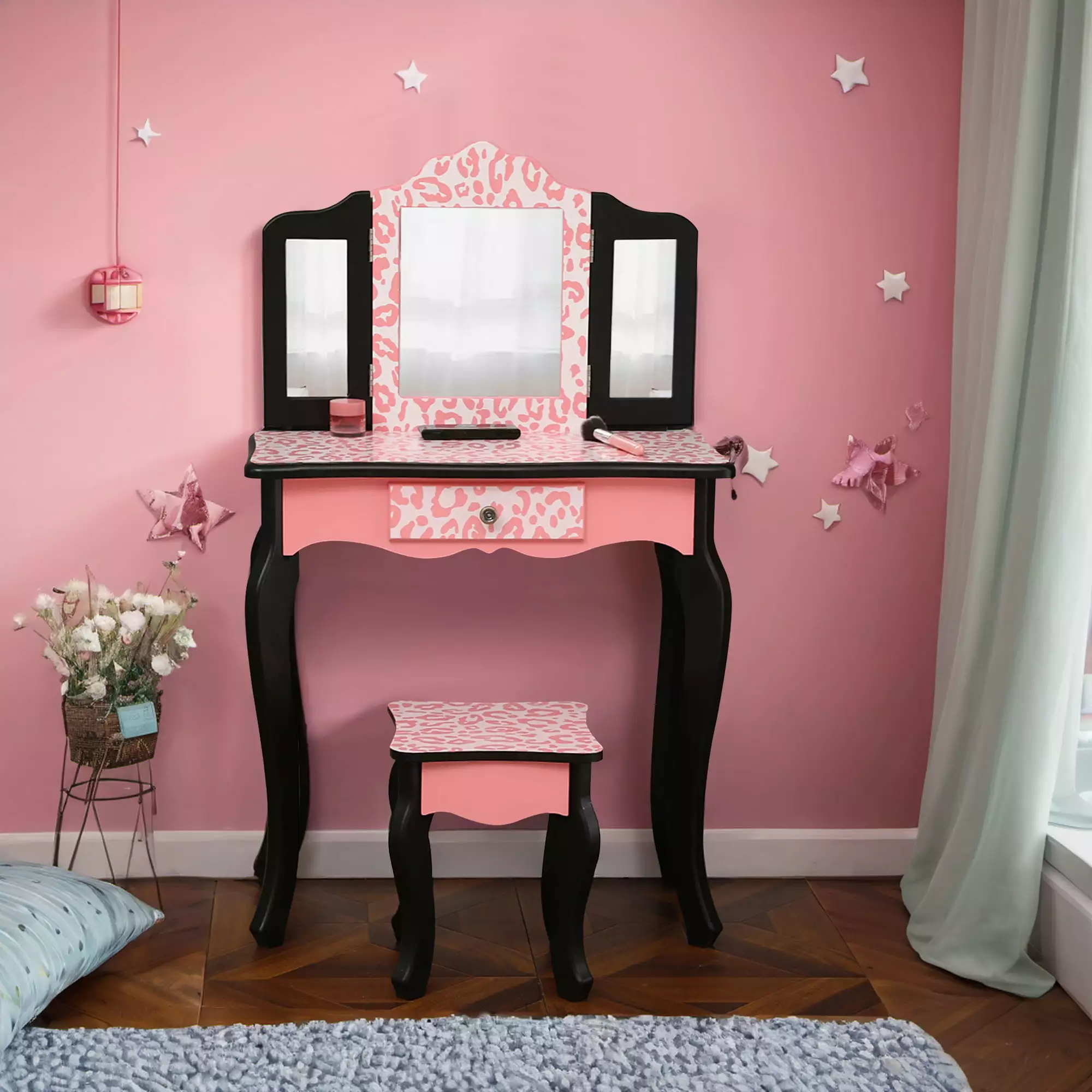 Lowestbest Vanity Set Mirror 2 Drawers Makeup Table Removable Desk Organizer Pink