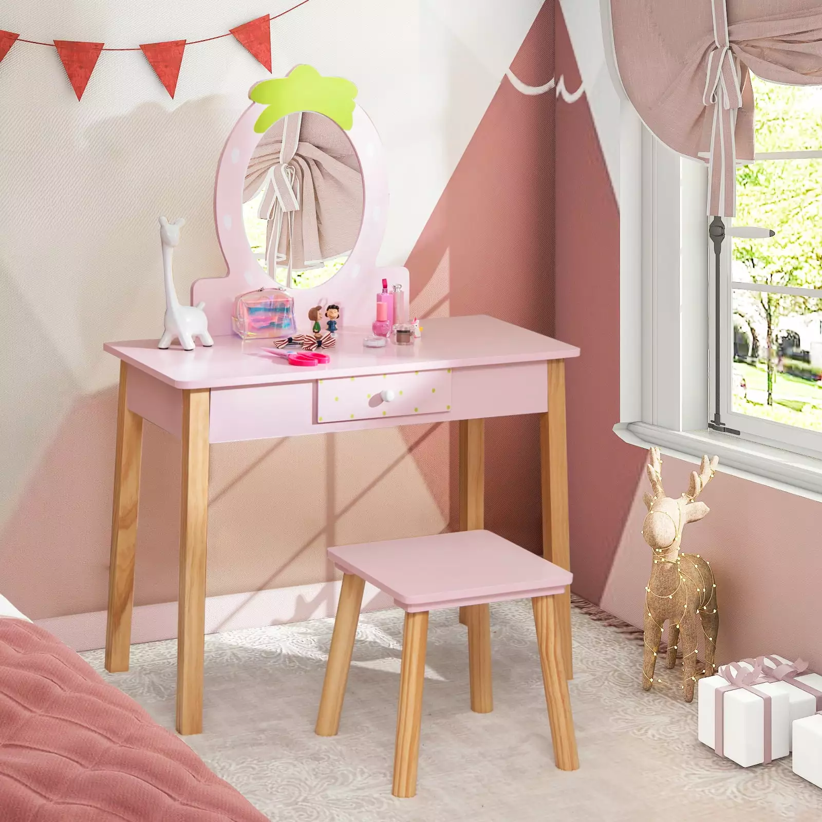 Costway Kids Vanity Table Set Mirror Stool Storage Drawer and Wooden Legs Pink