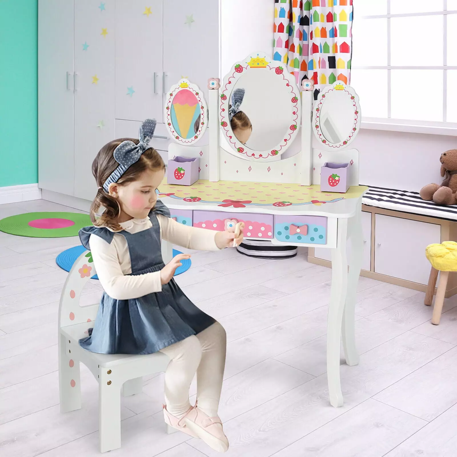 Amijoy 2--1 Kids Vanity Table w/ Detachable Top Toddler Dresser Table Set w/ Rotating Tri-fold Mirror Grid Drawer Chair