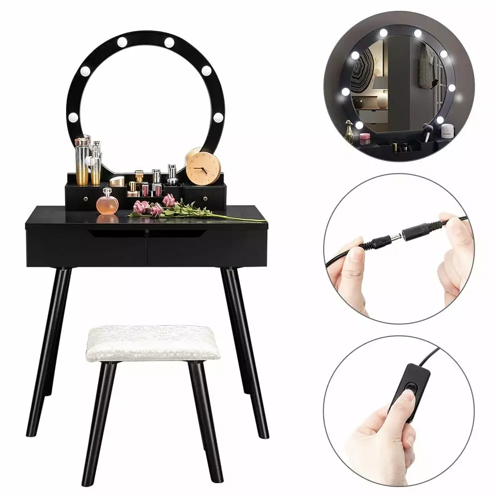BaytoCare Black Vanity Set Round Lighted Mirror Makeup Dressing Table and Cushioned Stool 8 Light Bulbs