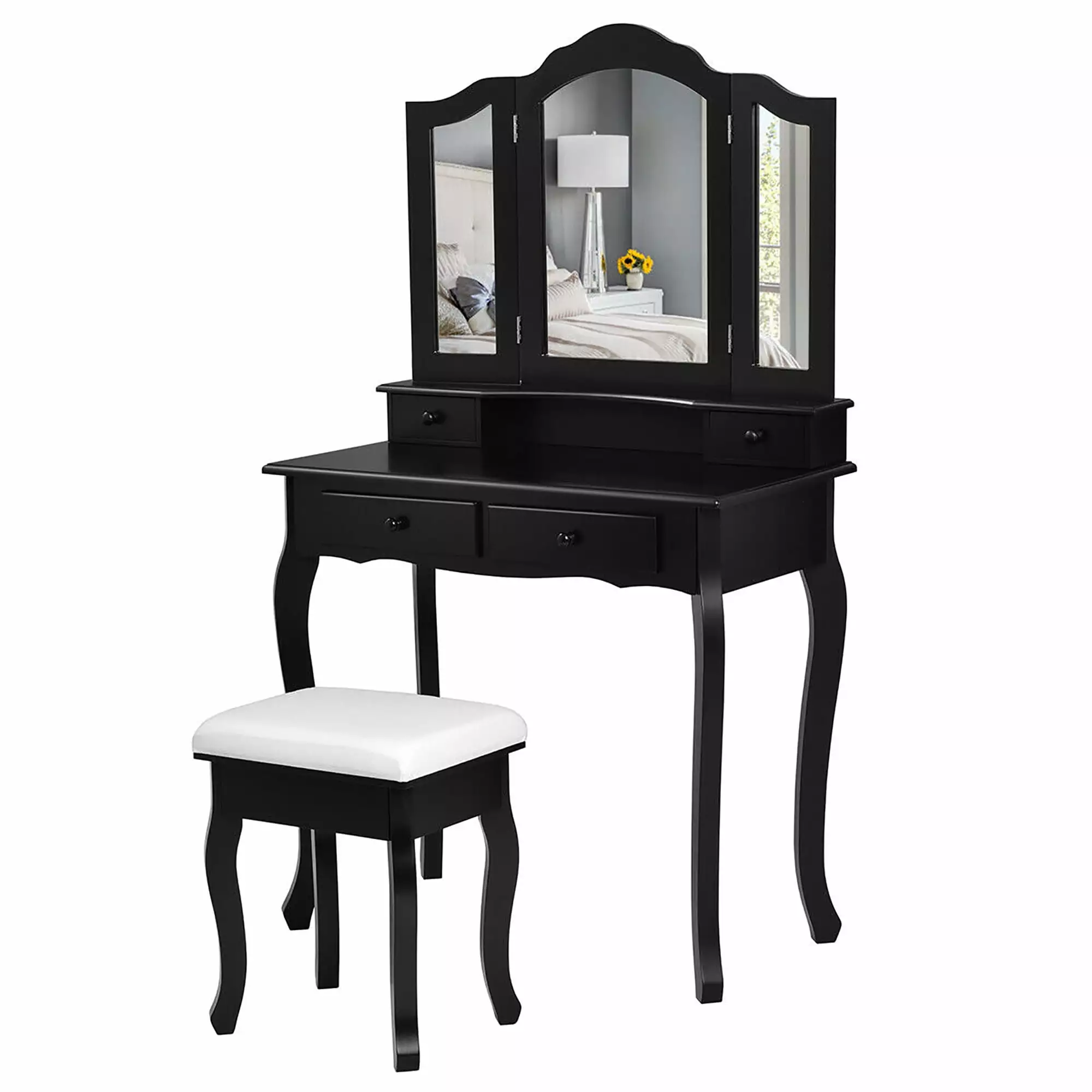 Costway Vanity Makeup Dressing Table Set Stool 4 Drawer & Mirror Jewelry Wood Desk Black