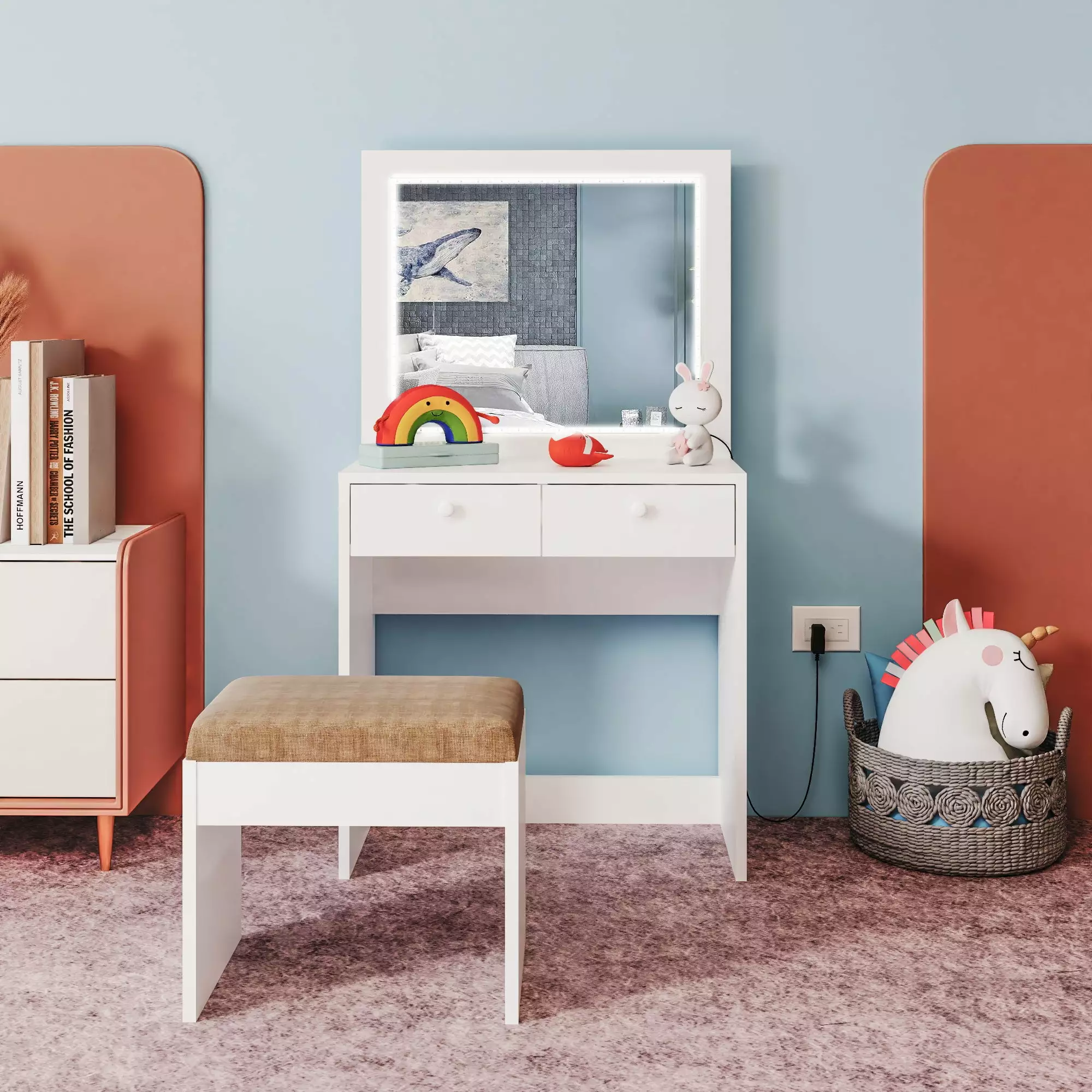 Ember Interiors Girls Vanity Table Set LED Lights Modern Stool Basic Knobs White
