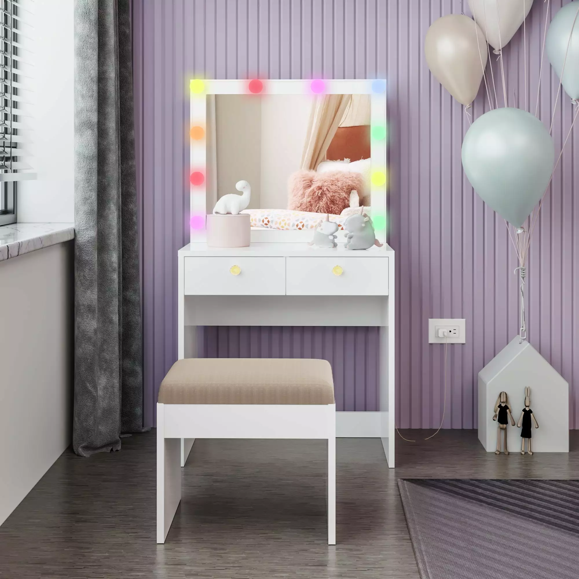 Ember Interiors Kids Vanity Set 10 Add-on Color Lights Gold Crystal Ball Knobs White