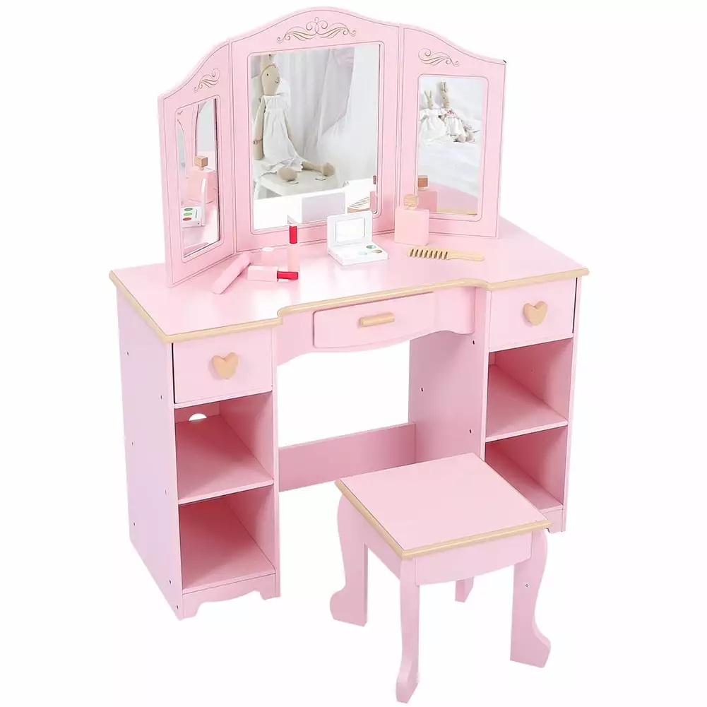 Emorefun Kids Makeup Dressing Table Tri-Fold Mirror and Drawers Pink Vanity Set Stool