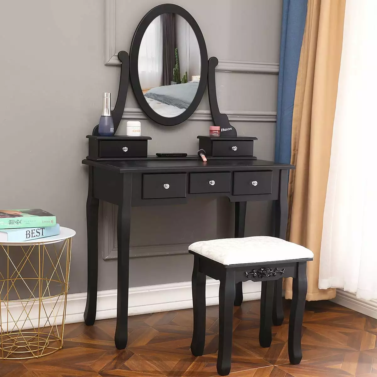 EasingRoom Black Vanity Set Stool 5 Drawers & Mirror Jewelry Desk FCH