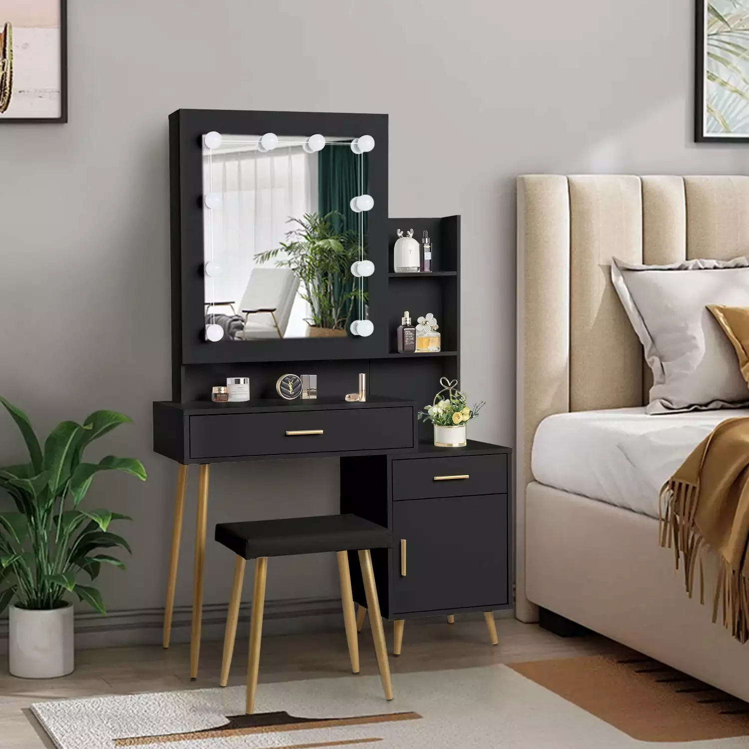 Ktaxon Vanity Table Set 3 Color Light Iron Legs Makeup Desk USB Charging Station Bedroom Black