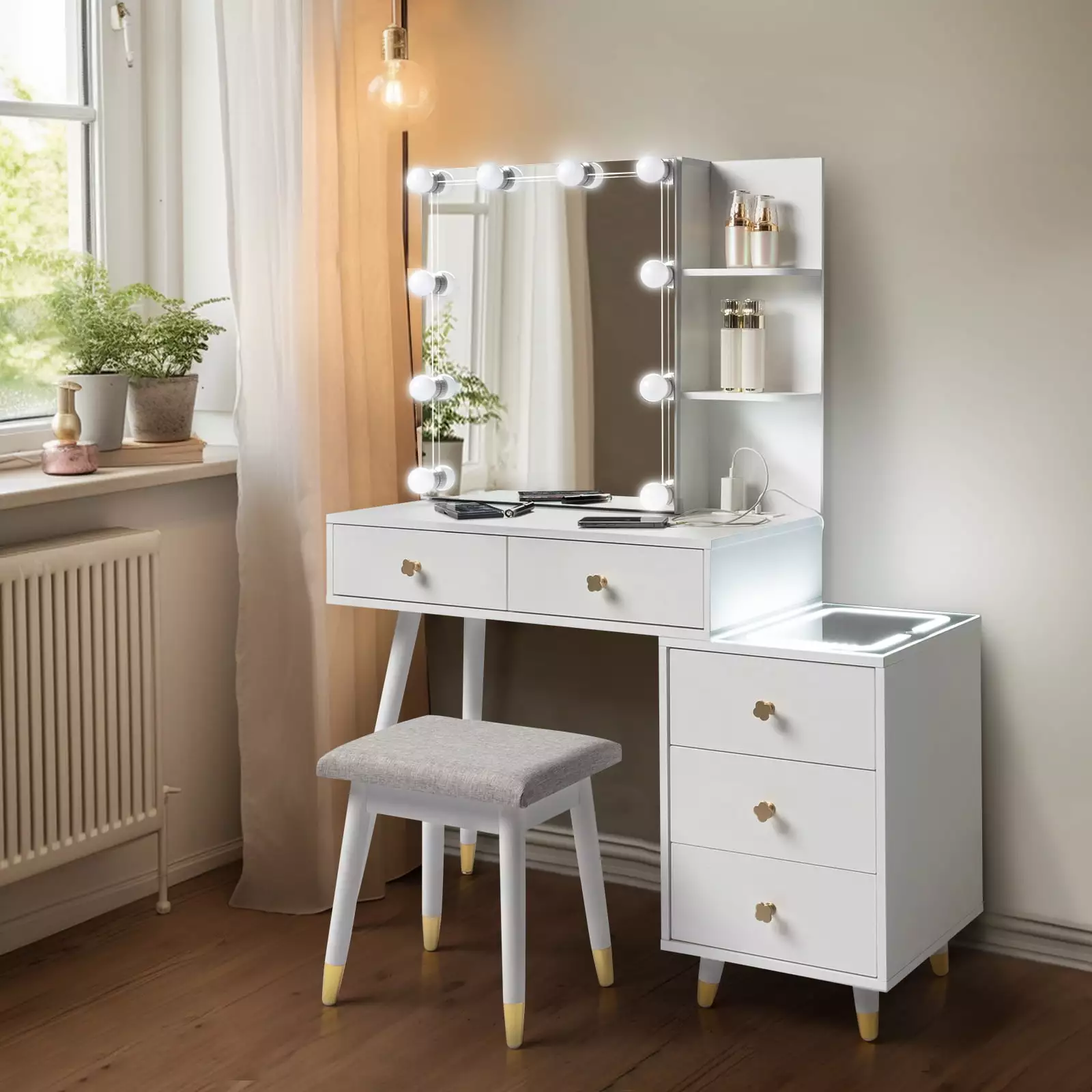 Ktaxon White LED Vanity Table Set USB Charging Station and Lighted Mirror Girls Women Bedroom