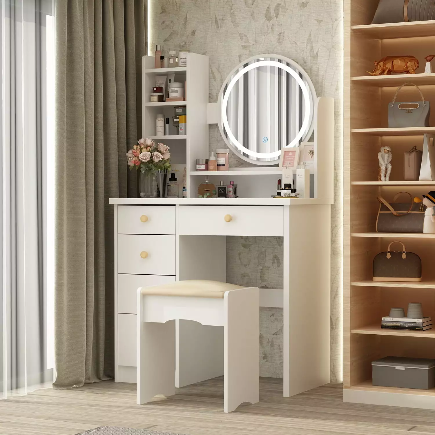 MONSLIPA Makeup Vanity Dressing Table w/Drawers and Shelves Sturdy Vanity Set w/Lighted Mirror White Dresser Desk & Cushio...