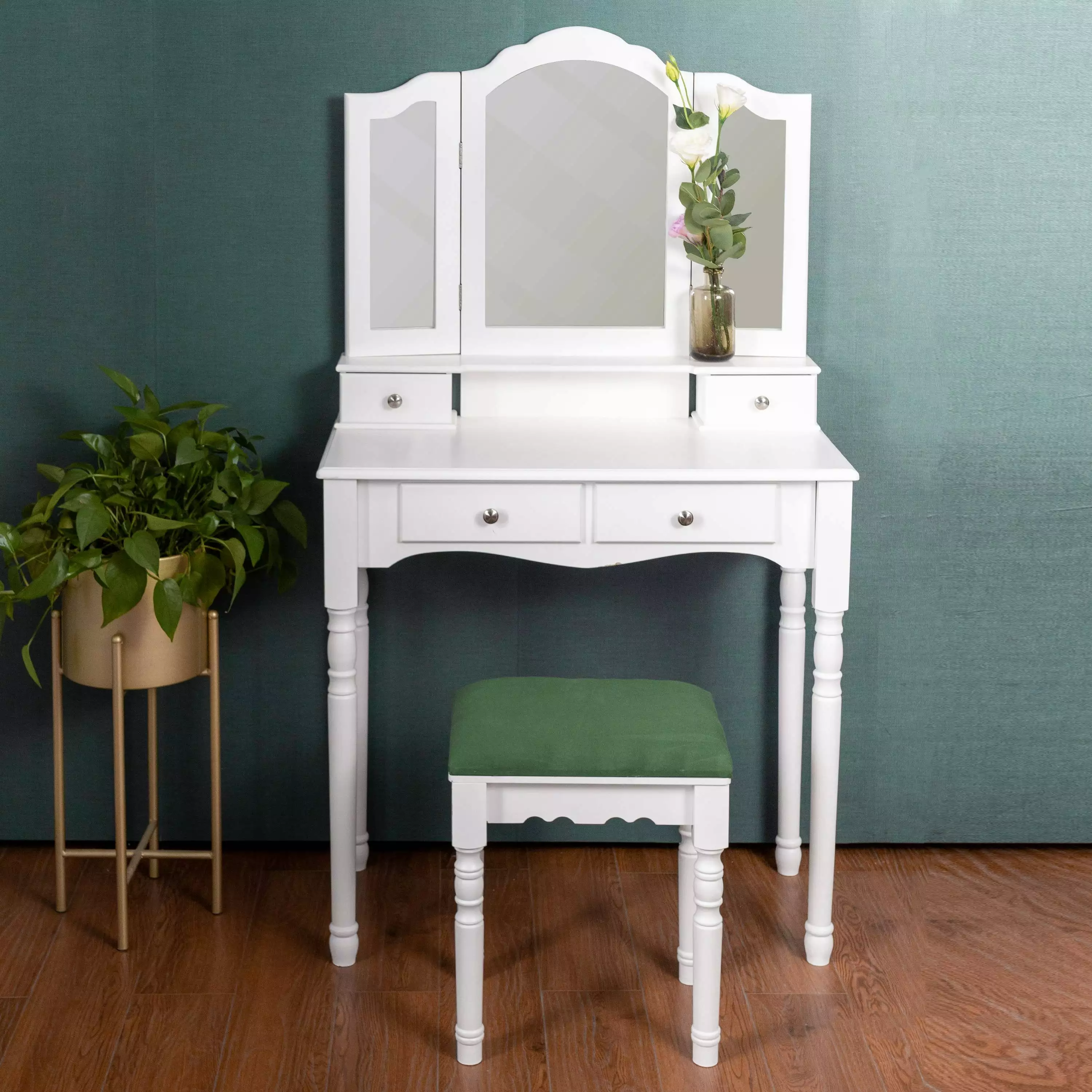 Vanity Table Set Makeup Dressing Table Folding Mirror Cushioned Stool White Prime Garden