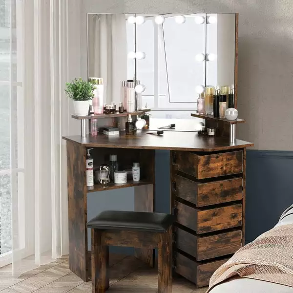 RichYa Modern Corner Vanity Table Adjustable Lights 5 Drawers Shelves and Stool Rustic Brown
