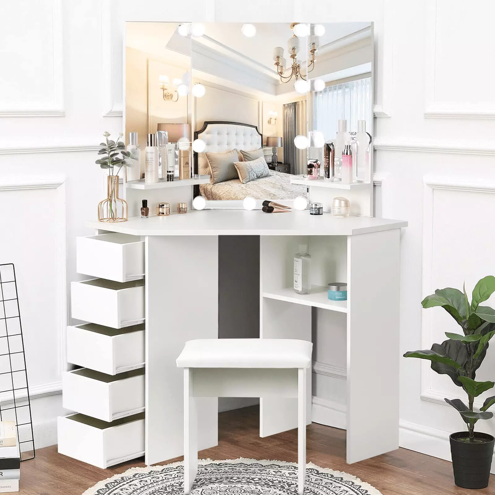 Richya Modern Vanity Desk Mirror and Lights Adjustable Brightness 5 Drawers White