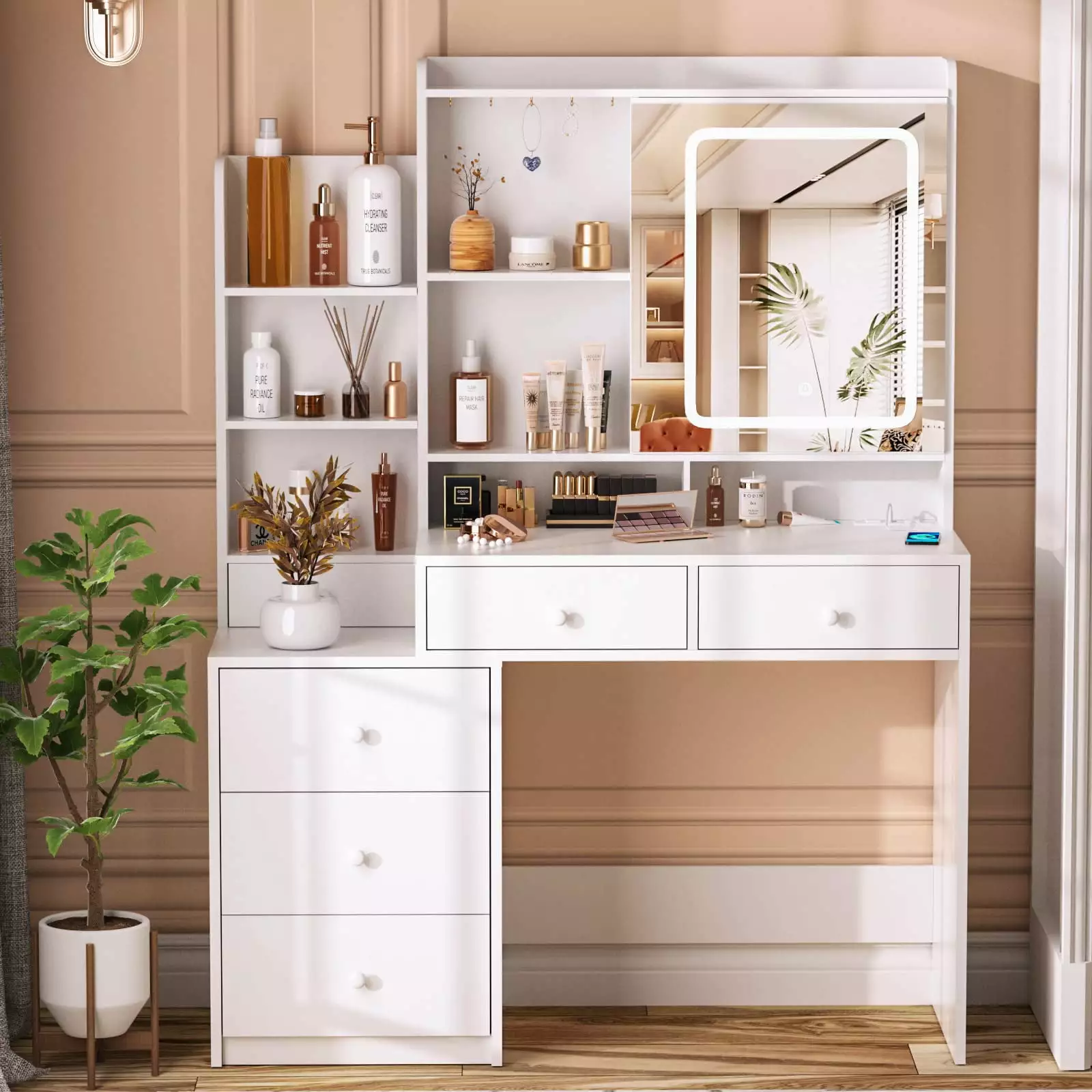 Veanerwood Vanity Table Mirror and Lights Modern Makeup Desk Drawers Power Strip 43.3in White