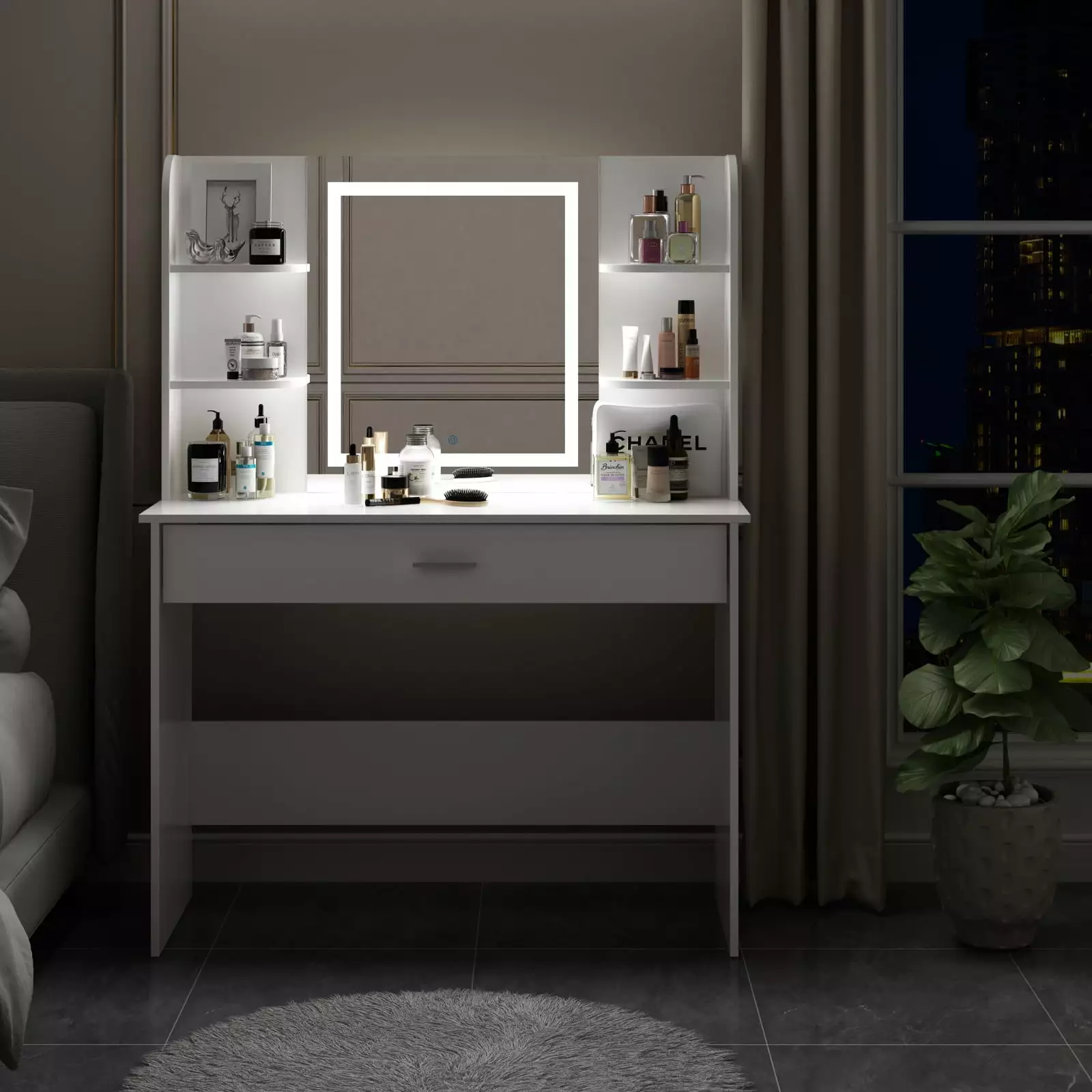 WIAWG Vanity Set LED Lighted Mirror Makeup Table Dressing Desk Storage Shelves and Drawer