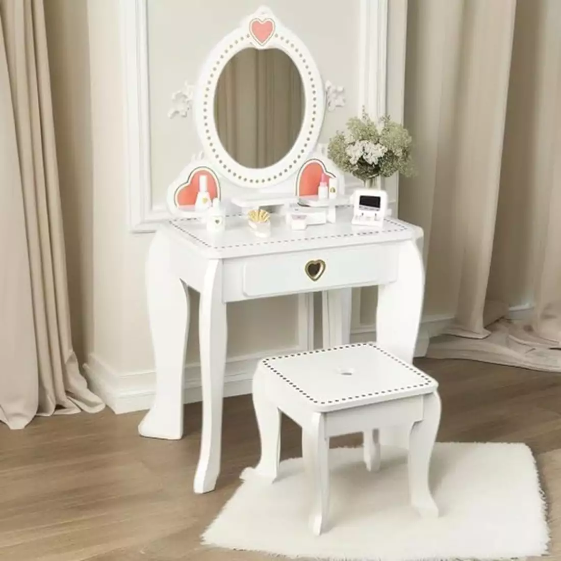 WoodenEdu Kids Vanity Set Mirror and Stool Beauty Makeup Vanity Table and Chair Set White