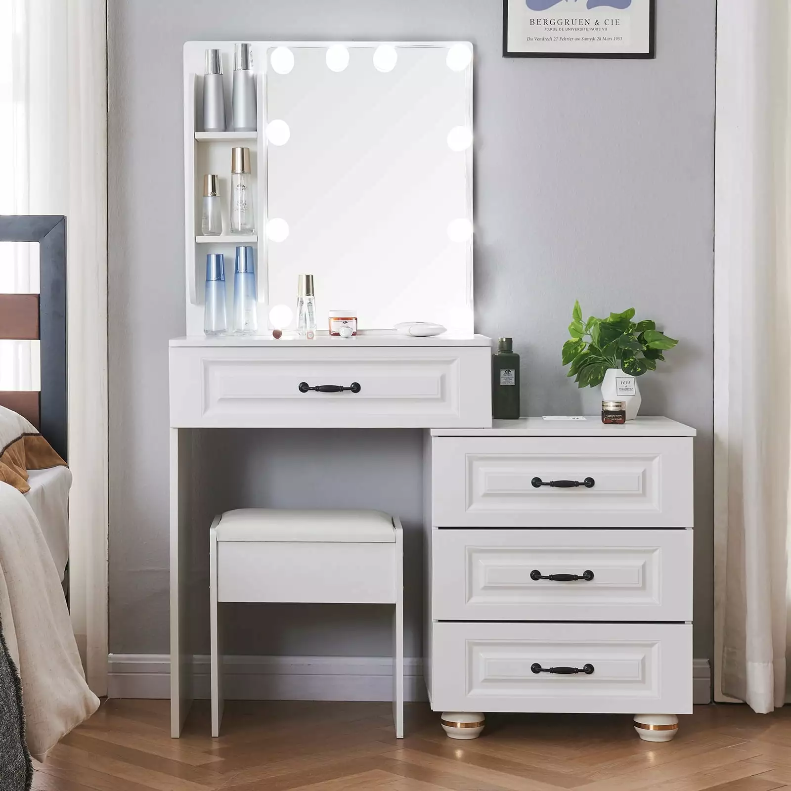 Vanity Table Set Lighted Mirror and Stool Makeup Vanity Desk 4 Drawers Bedroom Yamissi