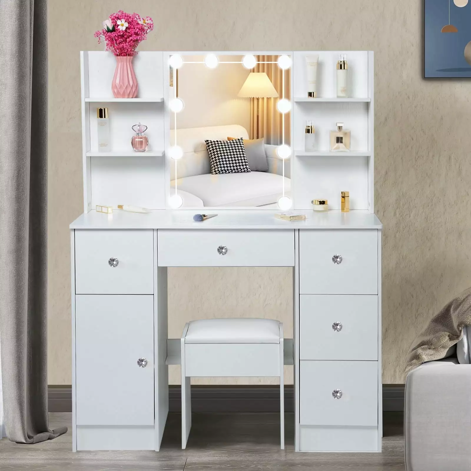 Yamissi Makeup Vanity Set Lighted Mirror and Stool White Dressing Table Drawers and Cabinet