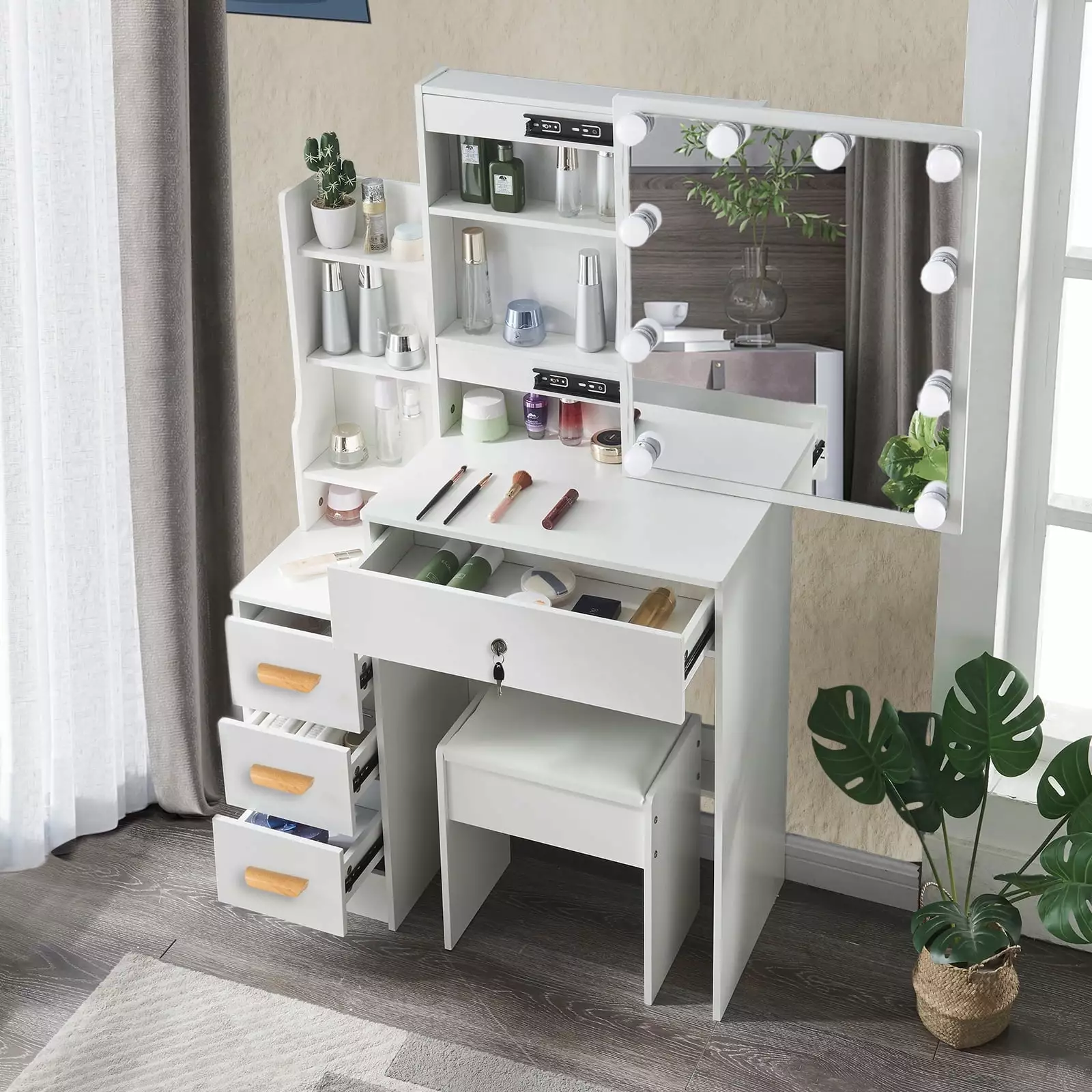 Yamissi Makeup Vanity Set Lighted Mirror Vanity Desk Table 4 Drawers & Charging Station White