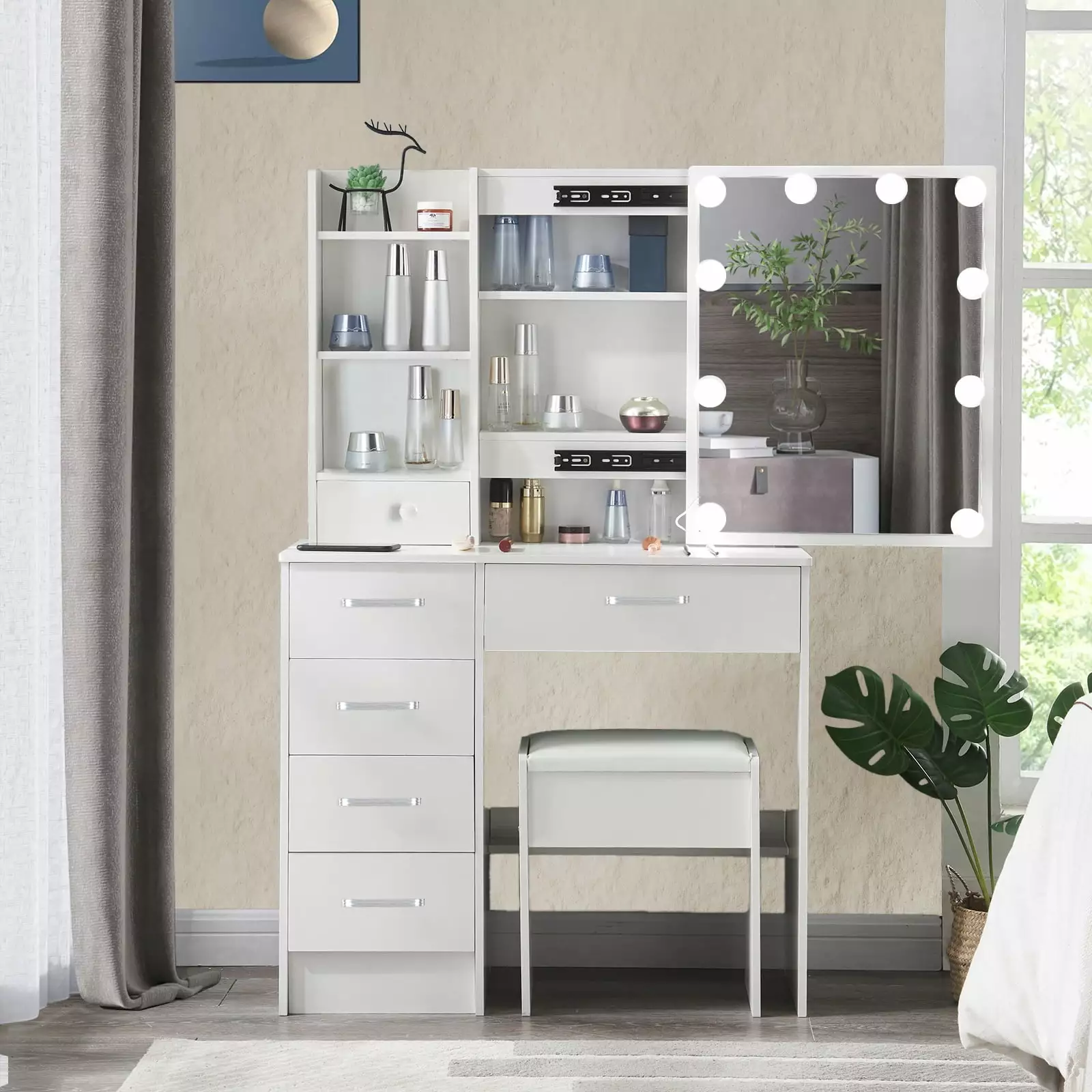 Yamissi Modern Vanity Desk Bedroom Makeup Vanity LED Lighted Sliding Mirror Storage Shelves Drawers White