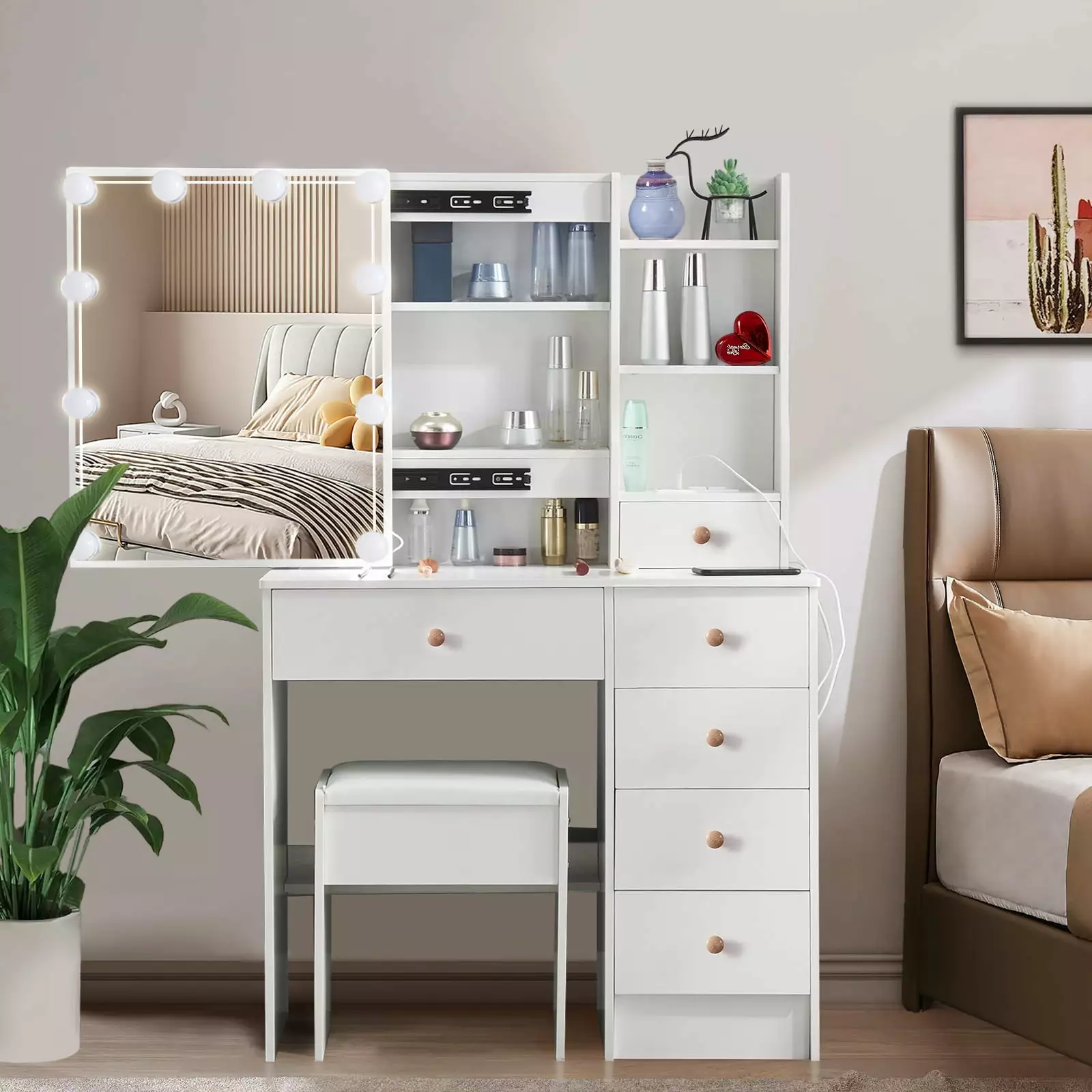 Yamissi Vanity Desk Lights White Makeup Vanity 10 LED Lighted Mirror and Drawers Vanity Table Set Shelves & Cushioned Stoo...
